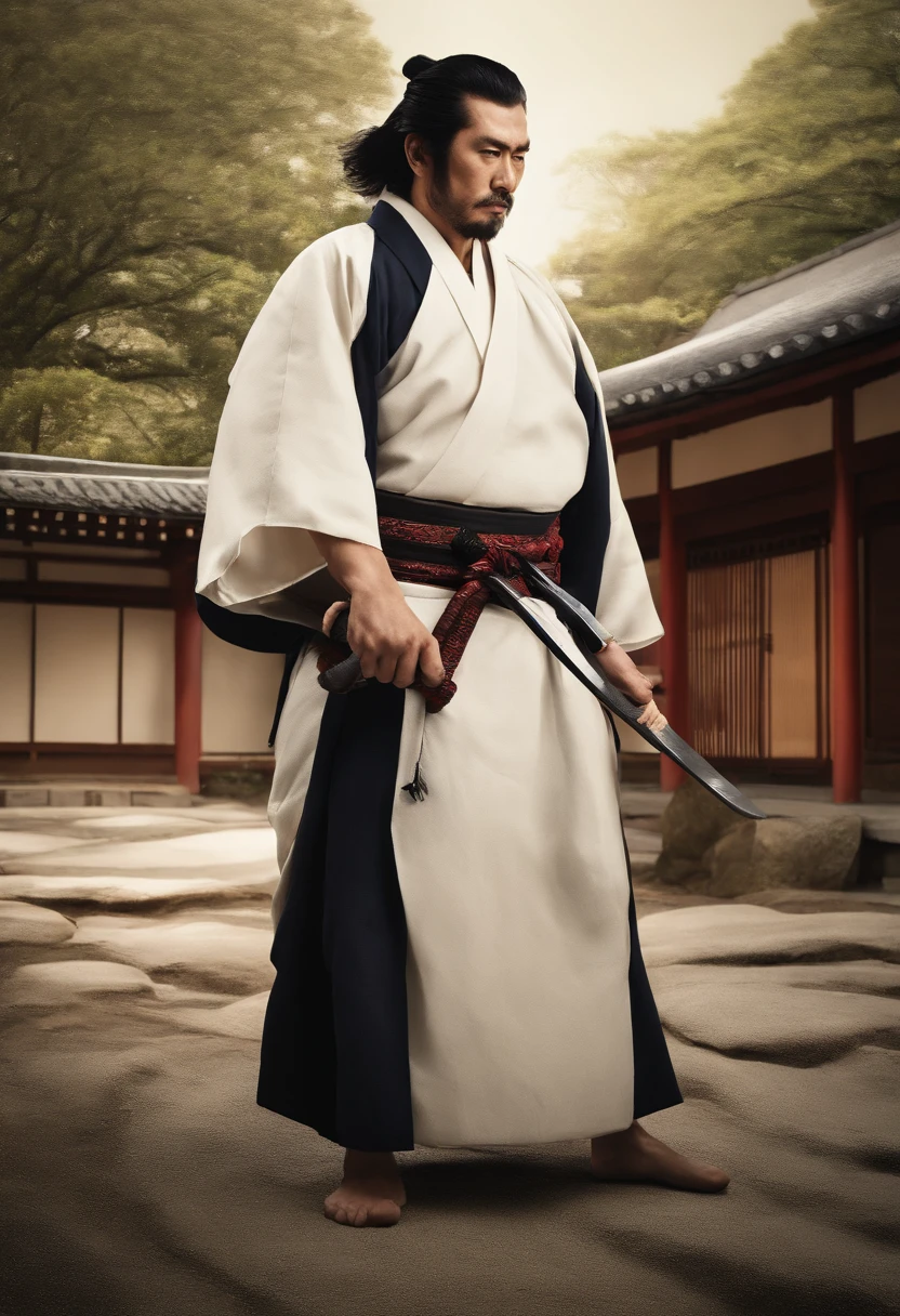 It is a full-body painting with natural colors with Katsushika Hokusai-style line drawings. The swordsman Miyamoto Musashi has a big body like a strongman. Samurai of Japan. He has a dignified yet manly expression of determination, short black hair, and a short, trimmed beard. His upper body is covered in a black kimono and his hakama is knee-long. In his right hand he holds a Japan sword. In the highest quality, in the high-resolution ukiyo-e style lightning and swirling flames of the masterpiece. Miyamoto Musashi stands with his face and body facing forward, his back straight.