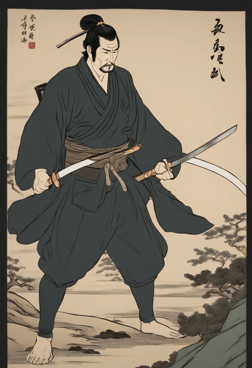 It is a full-body painting with natural colors with Katsushika Hokusai-style line drawings. The swordsman Miyamoto Musashi has a big body like a strongman. Samurai of Japan. He has a dignified yet manly expression of determination, short black hair, and a short, trimmed beard. His upper body is covered in a black kimono and his hakama is knee-long. In his right hand he holds a Japan sword. In the highest quality, in the high-resolution ukiyo-e style lightning and swirling flames of the masterpiece. Miyamoto Musashi stands with his face and body facing forward, his back straight.