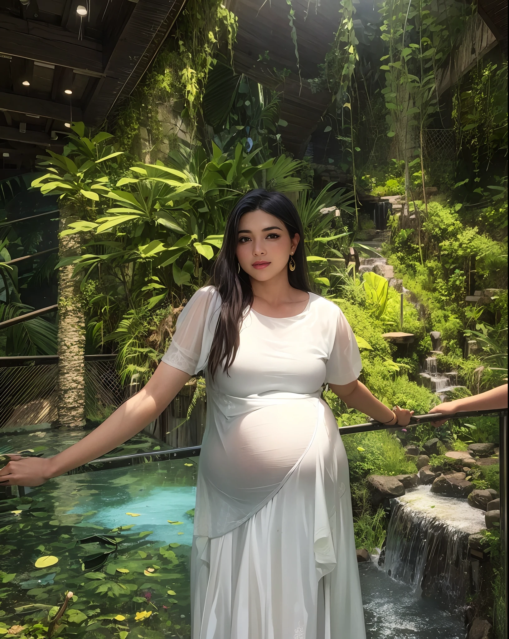 there is a pregnant girl standing in a garden with a waterfall, wearing a silk kurta, in a jungle environment, soft silk dress, wearing a flowing dress, tanned ameera al taweel, with a figure in the background, zenra taliyah, in lace brown dress, with a waterfalls, beautiful surroundings, full body photogenic shot