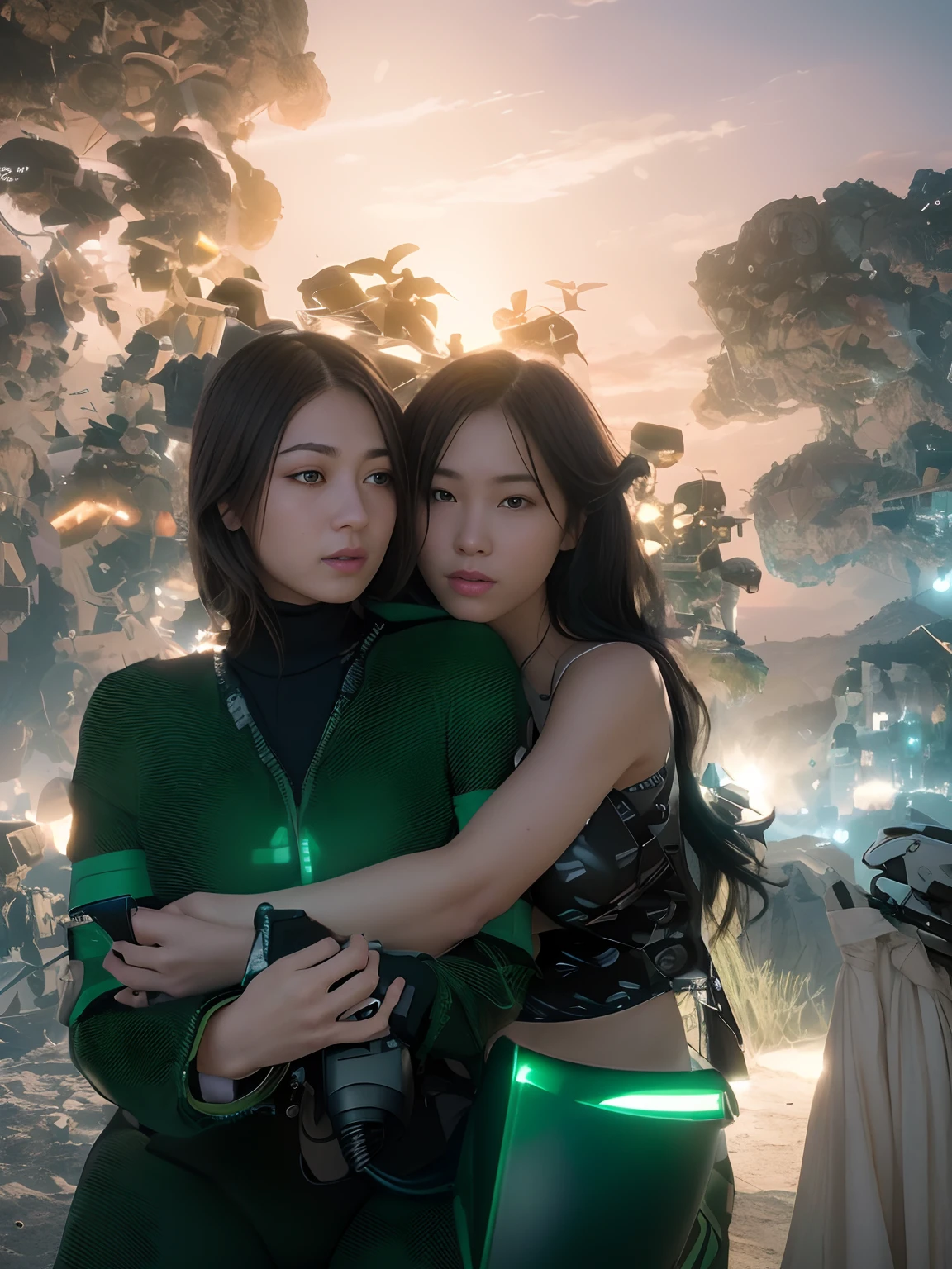 Highest image quality, outstanding details, ultra-high resolution, (realism: 1.4), the best illustration, favor details, highly condensed 1girl, with a delicate and beautiful face, dressed in a black and green mecha, wearing a mecha helmet, holding a directional controller, riding on a motorcycle, the background is a high-tech lighting scene of the future city.