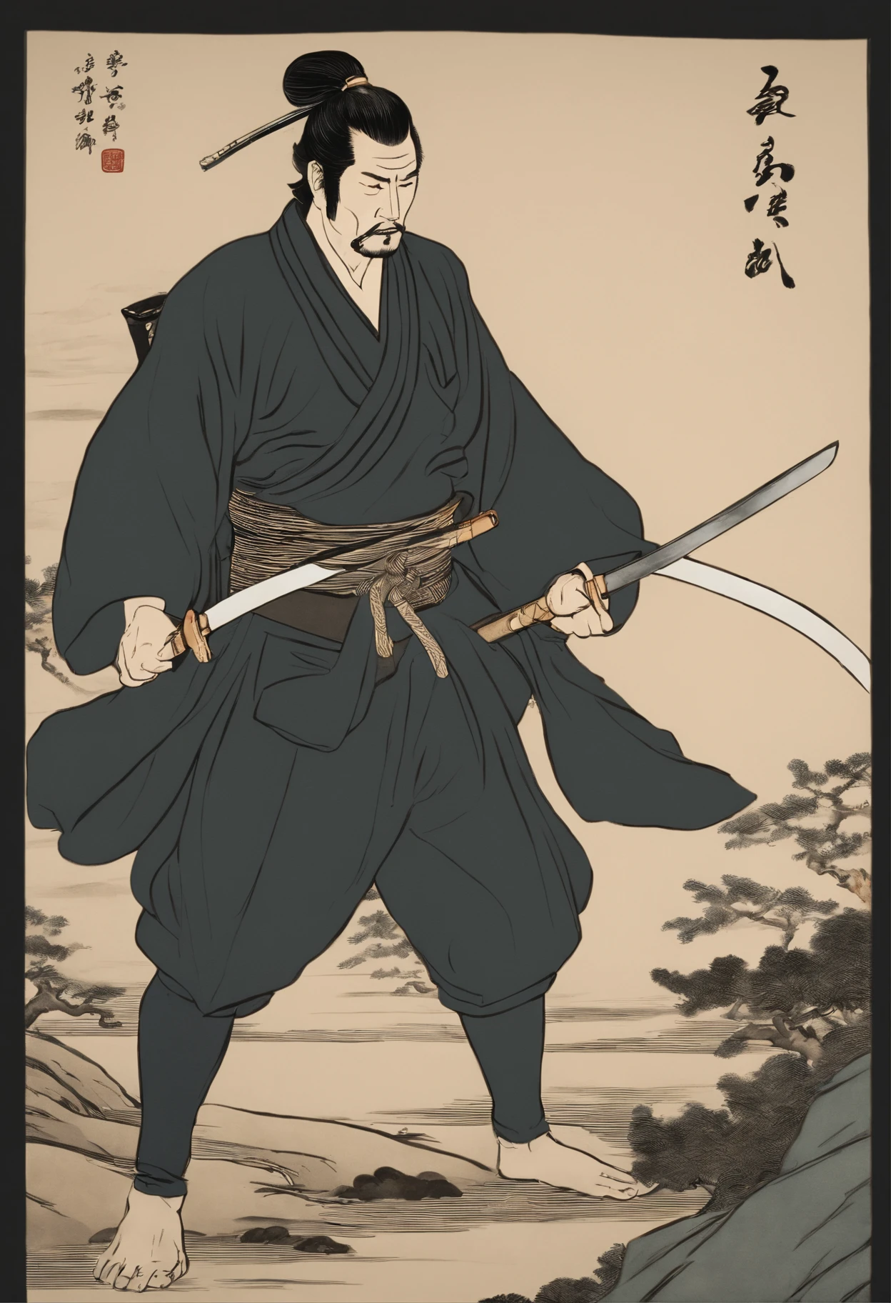 It is a full-body painting with natural colors with Katsushika Hokusai-style line drawings. The swordsman Miyamoto Musashi has a big body like a strongman. Samurai of Japan. He has a dignified yet manly expression of determination, short black hair, and a short, trimmed beard. His upper body is covered in a black kimono and his hakama is knee-long. In his right hand he holds a Japan sword. In the highest quality, in the high-resolution ukiyo-e style lightning and swirling flames of the masterpiece. Miyamoto Musashi stands with his face and body facing forward, his back straight.