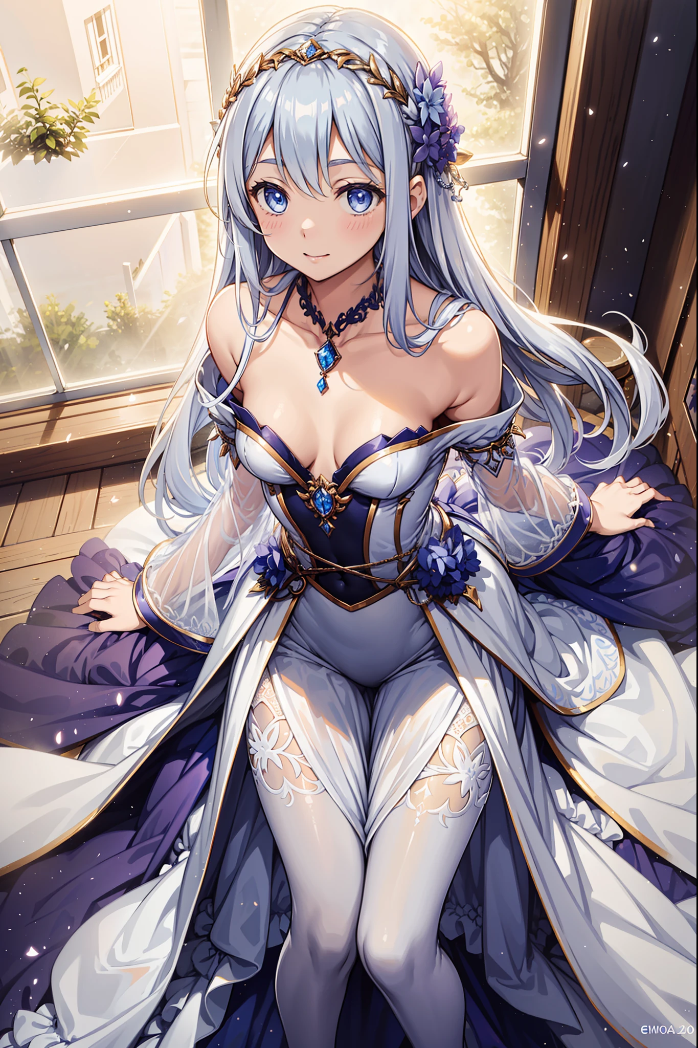 teens girl，Enchanted，having fun，Being in love，Light white princess dress in fantasy world，Light silver hair，eBlue eyes，A small amount of lilac pattern，A small amount of sky blue cloth，(see-through transparent clothes)，(exquisite costumes)，Bedrooms，solo person，the night，Simple pantyhose，A small amount of lace，Dazzle，