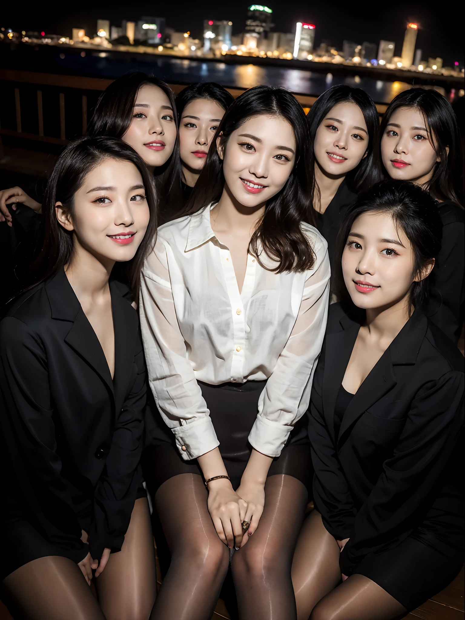 (RAW photo, full body:1.2), (Photorealistic:1.4),Beautiful detailed woman, very detailed eyes and faces, A detailed eye, ultra - detailed, A high resolution, very detailed, best quality, unified, 8k, masterpiece, best quality,A group of girls posing for a group photo, tunic tops, feminine skirt, black pantyhose, slender bodyline, black footwear, wide smile, sitting, low light, night time, korean style makeup, taiwan night background, shy expression, selfie, photo taken from above