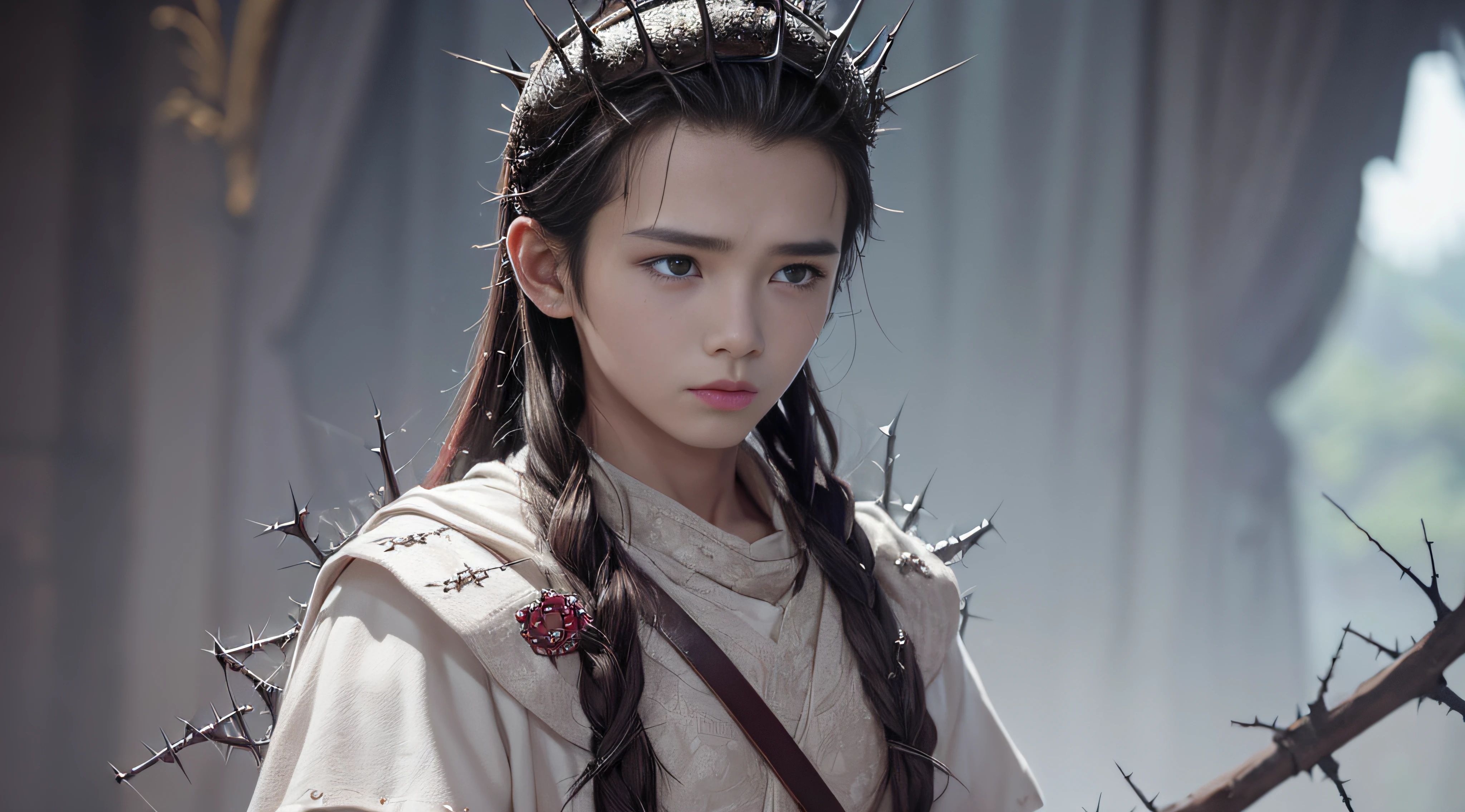 The Boy with the Crown of Thorns, Perfect Figure, Perfect Body, Very detailed, Best Quality, Raw foto, Photorealistic, 8K Wallpapers, huge file size, A highly detailed, high resolucion, The whole body is visible, Full Body Shot, Low angle, (Shedding tears:1.2), perfect faces, Face depictions, (1Remaining:1.5), child, A boy, (South Korean : 1.3), (:1.5), A dark-haired, face, halo, deity, Human Gods, Aisin, (Extreme detail:1.2), hyper detailed face, beautidful eyes, high nose, brown eyes, (A troubled look on his face;:1.2), (White tunic:1.2), (goodlooking:1.2), (Very, Very cute:1.2), 8K, High Quality, badlands, desert, Puddle, (Crown of thorns :1.4), Deceited, scruffy, tired, Nam Luhan