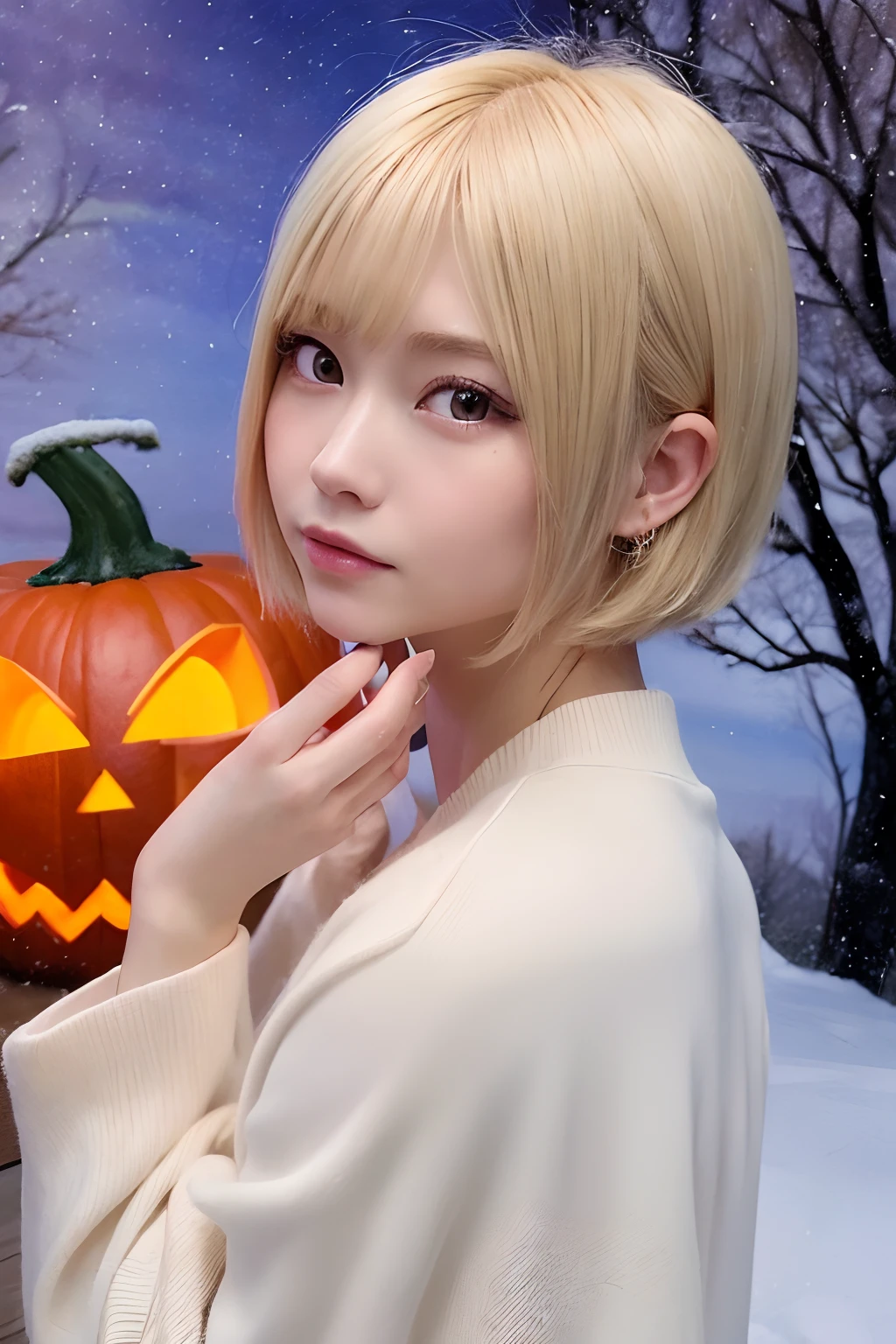 (Oil Painting, masutepiece, Best Quality, ultra-detailliert, Focus on character), short blonde hair, ([Back:0.8]|[ facing back:1.1]), Serious face,open open mouth,Wizard Cosplay、Halloween,pumpkins, ([Cold Scenario:1.2]|[ snowy background:1.3]| [High contrast:1.1])