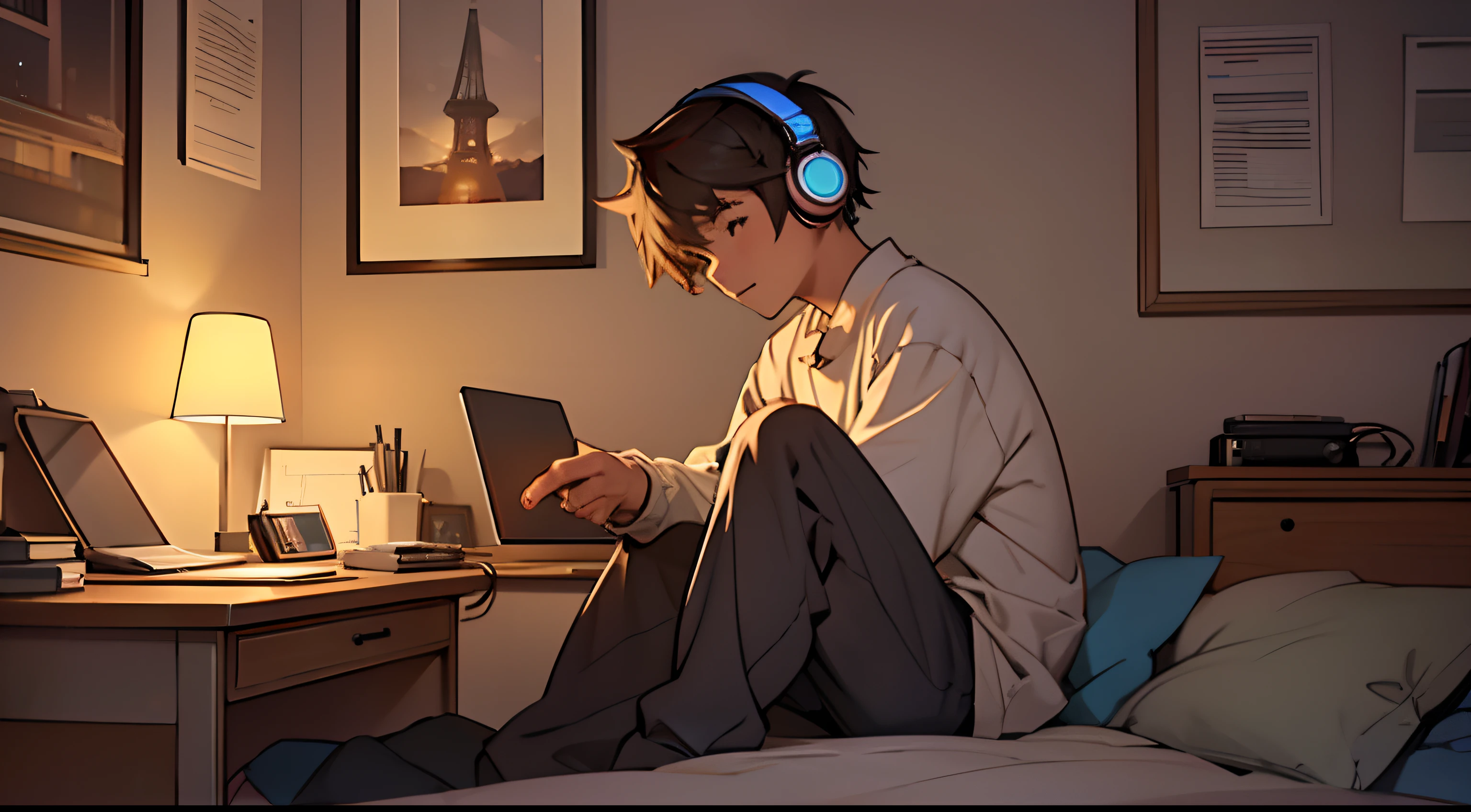 A sits at his desk studying,Listen to music with headphones on,Relaxing and comfortable atmosphere in a night bedroom setting