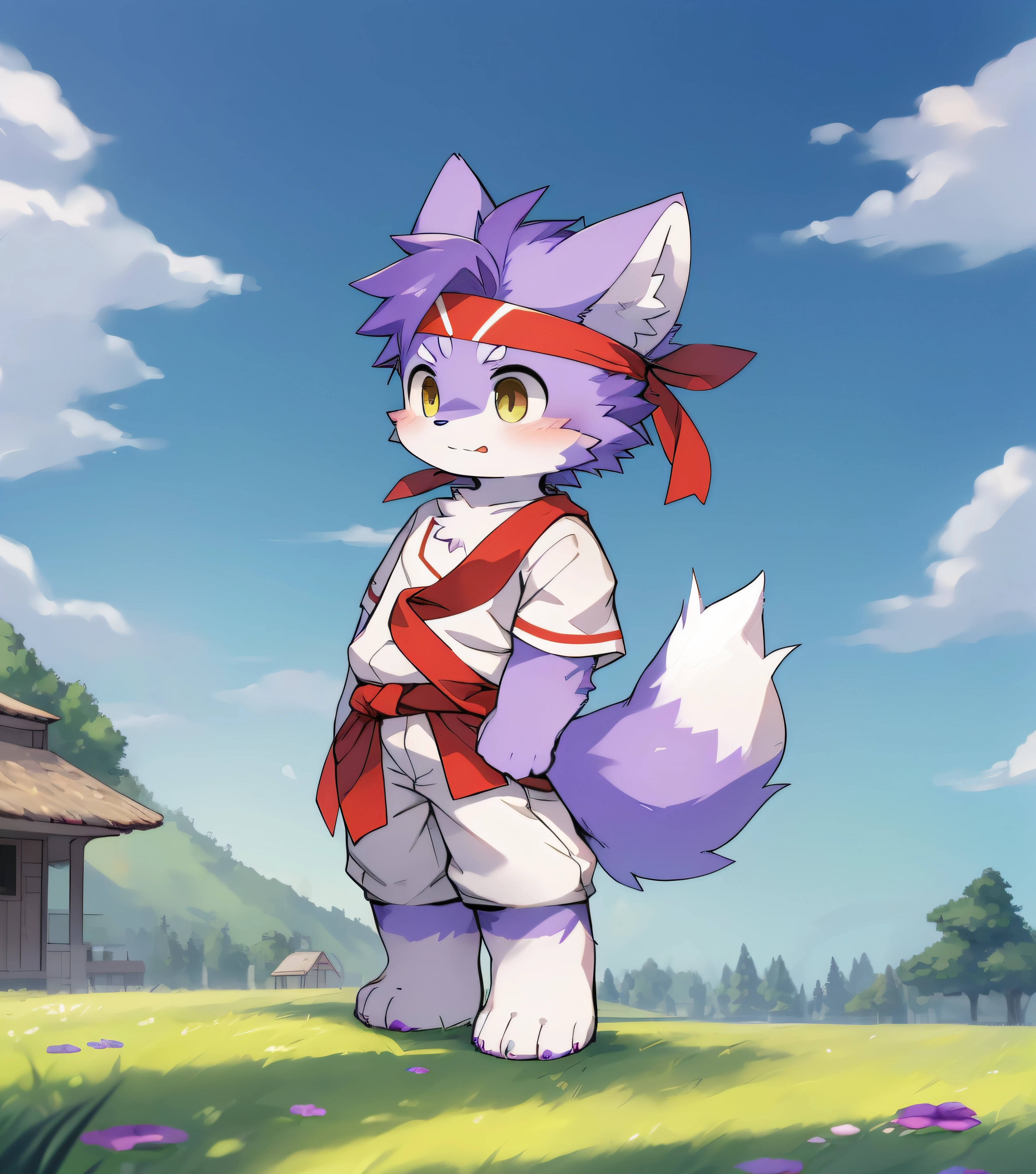 Purple fur,Purple fur,Purple skin,Beast too,Orc boy,grassy fields,lawns,standing on your feet,Attention,blue-sky,shaggy,shaggy,Purple fur,Purple fur,Purple fur,Purple fur,Purple hair,male people,canid,adolable,adolable,adolable,solo person,Detailed fur,Yellow-eyed kernel,Thick eyebrows,Fluffy tail,white short sleeve,short white pants,ultra - detailed:1.0,Libido boy,toddle,toddlersoddlers,Cldren,children's,Gamine,Beast too,Beast too,Beast too,adolable,adolable,Shota(Via Dagasi:1.1),anatomy correct,Barefoot,The barefoot,Barefoot,Barefoot,Barefoot,standing on your feet,Attention,bald-headed,Cat feet,lawns,grassy fields,On the lawn,on a grassy field,bald-headed,balding,balding,Purple paws,Purple paws stepped on the grass,Purple paws on the grass,Purple paws,Stand on the lawn,standing in grassy field,Stand on the lawn,red waistband,komono,Red headband,Blood,A child with a serious expression,Very shiny purple fur,Wide and thick red headband