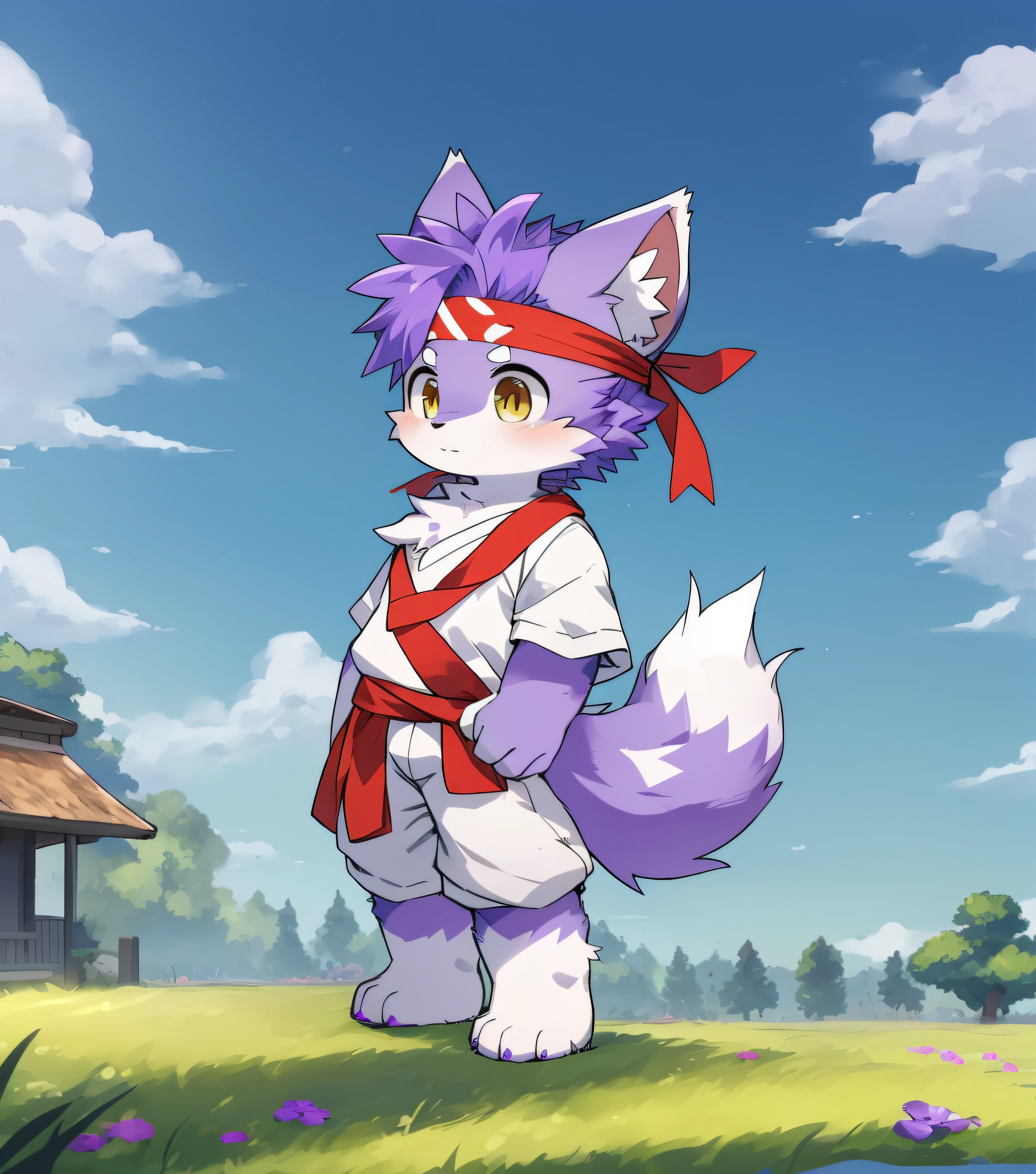 Purple fur,Purple fur,Purple skin,Beast too,Orc boy,grassy fields,lawns,standing on your feet,Attention,blue-sky,shaggy,shaggy,Purple fur,Purple fur,Purple fur,Purple fur,Purple hair,male people,canid,adolable,adolable,adolable,solo person,Detailed fur,Yellow-eyed kernel,Thick eyebrows,Fluffy tail,white short sleeve,short white pants,ultra - detailed:1.0,Libido boy,toddle,toddlersoddlers,Cldren,children's,Gamine,Beast too,Beast too,Beast too,adolable,adolable,Shota(Via Dagasi:1.1),anatomy correct,Barefoot,The barefoot,Barefoot,Barefoot,Barefoot,standing on your feet,Attention,bald-headed,Cat feet,lawns,grassy fields,On the lawn,on a grassy field,bald-headed,balding,balding,Purple paws,Purple paws stepped on the grass,Purple paws on the grass,Purple paws,Stand on the lawn,standing in grassy field,Stand on the lawn,red waistband,komono,Red headband,Blood,A child with a serious expression,Very shiny purple fur,Wide and thick red headband