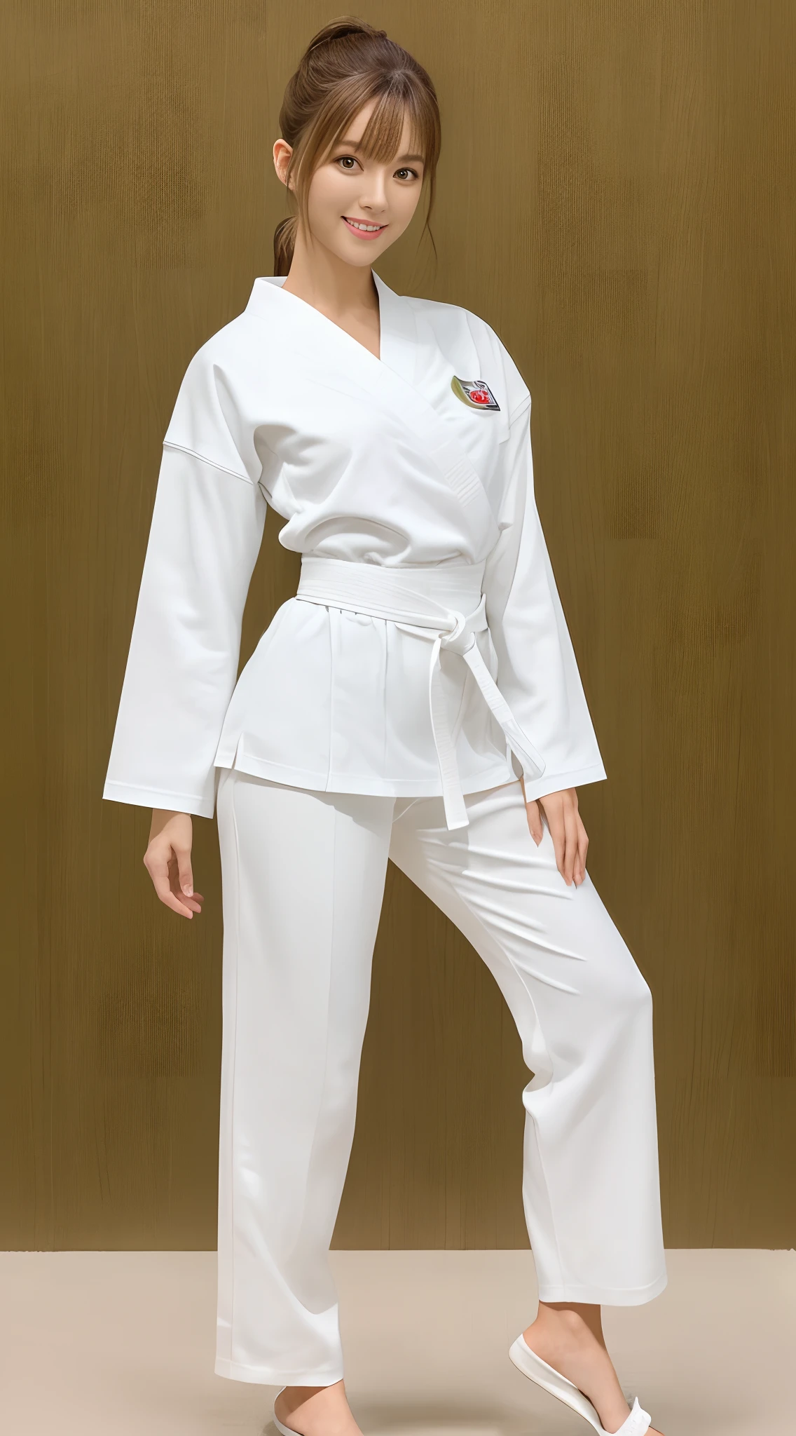 (Photorealsitic)(17 age), Perfectly beautiful woman, (Full body 8K portrait), White Karate Uniform, White karate pants, Large bust,Stand alone, Perfect facial detail, (Smile: 1.15), attractive beautiful face, gazing at viewer, a small face, 二重まぶた, Beautiful detailed eyes, long eyeslashes, ligh brown hair, ponytail in high position, Toned waist, Beautiful thin legs, toned ankles, bare-legged ,TOKYOcty