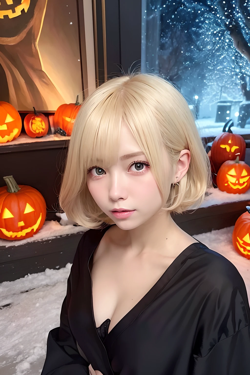 ​masterpiece, top-quality、Raw foto, Photorealsitic、I am a 12 year old girl、a blond、a short bob、Enjoy vampire cosplay、Smaller chest、Halloween、Jack-o'-lantern、chandelle、the bats、spider webs、unbelievable Ridiculous、depth of fields, hight resolution, ultra-detailliert, foco nítido, Cinematic lighting