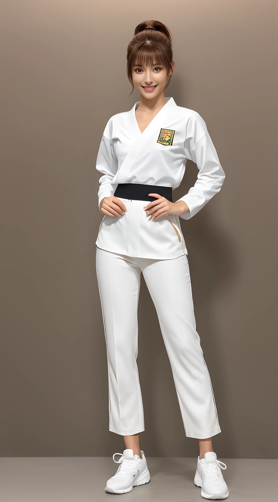 (Photorealsitic)(17 age), Perfectly beautiful woman, (Full body 8K portrait), White Karate Uniform, White karate pants, Large bust,Stand alone, Perfect facial detail, (Smile: 1.15), attractive beautiful face, gazing at viewer, a small face, 二重まぶた, Beautiful detailed eyes, long eyeslashes, ligh brown hair, ponytail in high position, Toned waist, Beautiful thin legs, toned ankles, bare-legged ,TOKYOcty