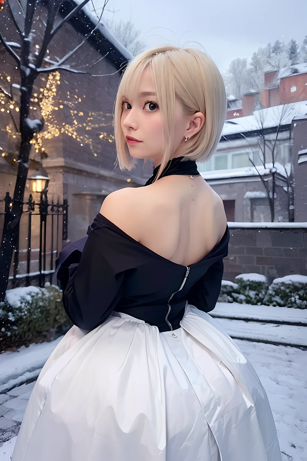 (Oil Painting, masutepiece, Best Quality, ultra-detailliert, Focus on character), short blonde hair, ([Back:0.8]|[ facing back:1.1]), Serious face,open open mouth,Wizard Cosplay、Halloween,pumpkins, ([Cold Scenario:1.2]|[ snowy background:1.3]| [High contrast:1.1])