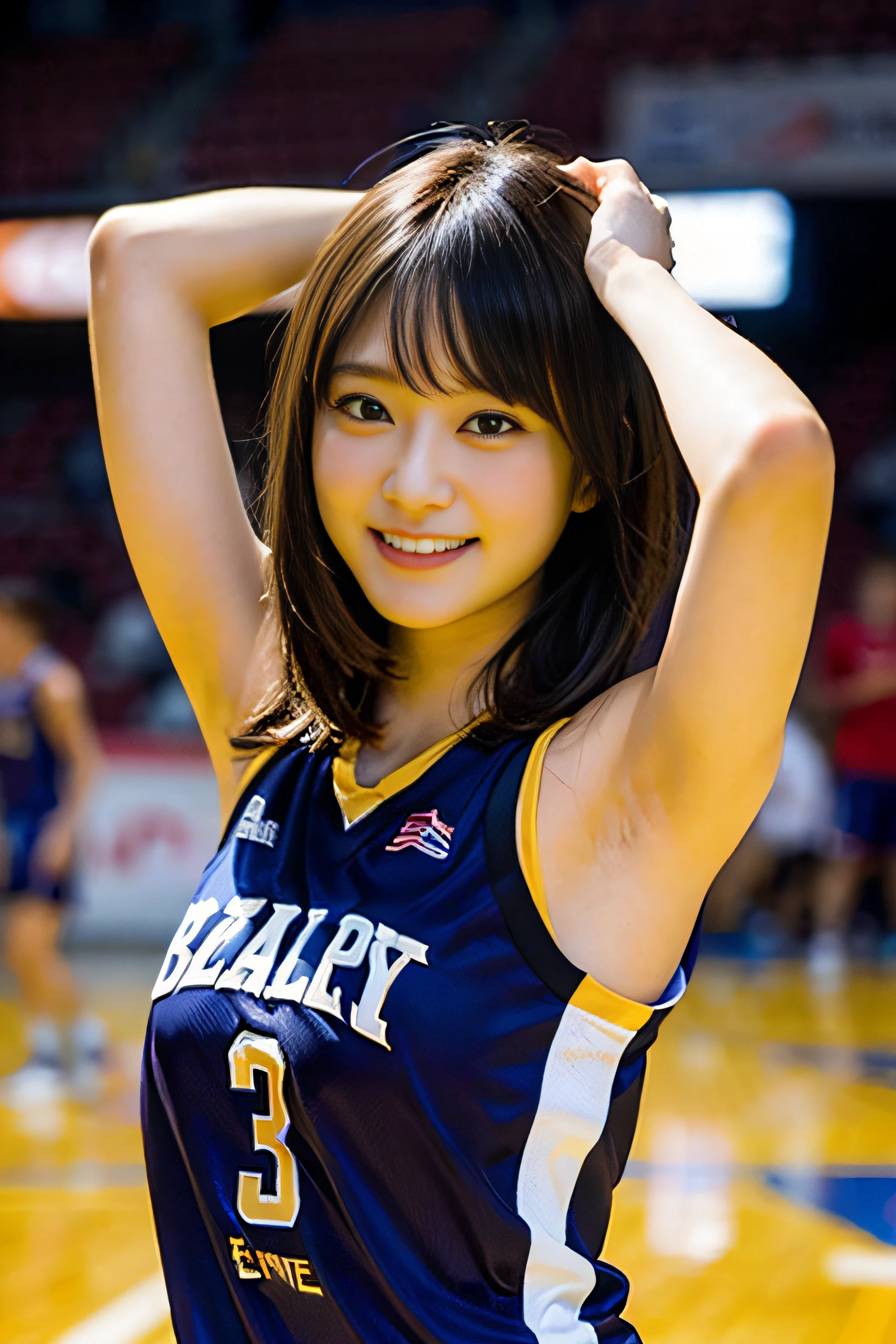 (8K、Raw photography、top-quality、masterpiece:1.2)、(realisitic、Photorealsitic:1.37)、ultra-detailliert、超A high resolution、女の子1人、see the beholder、beautifull detailed face、A smile、Constriction、(Slim waist) :1.3)、Beautiful detailed skin、Skin Texture、Floating hair、Professional Lighting、Whole human body、Longhaire、a blond、Bob Hair、F-cup、Happy smile、、a baby face、Childisuppin、Basketball Uniforms、Sleeveless、Basketball Game Venues、Armpit poses、Pose of the serve、Chest visible from the armpits