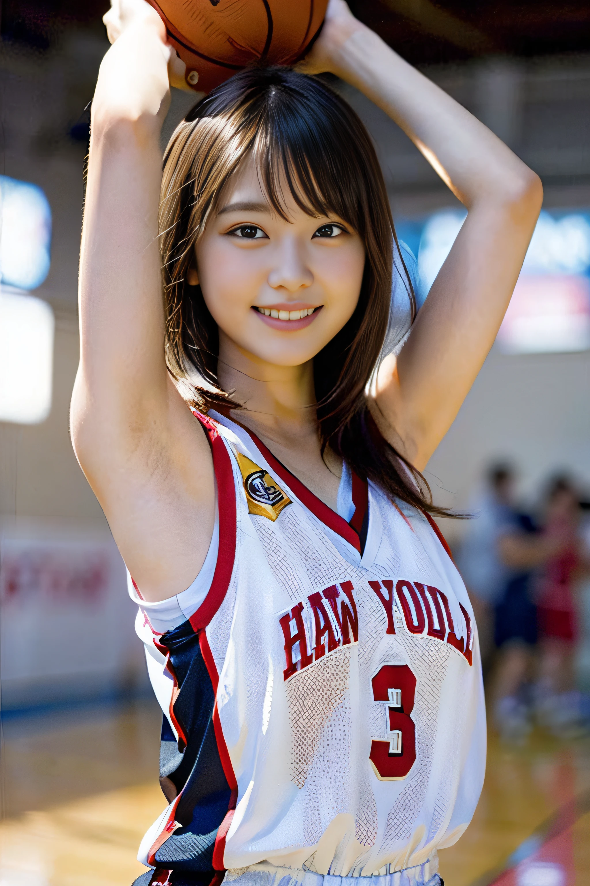 1girl in、(Super beautiful)、(beauitful face:1.5)、18-year-old schoolgirl、cheer leading、hairarmpits、(Armpit hair:1.4)、(sleeveless clothes)、Brown hair、(Cheering seats in a fully booked stadium)、(At SFW)