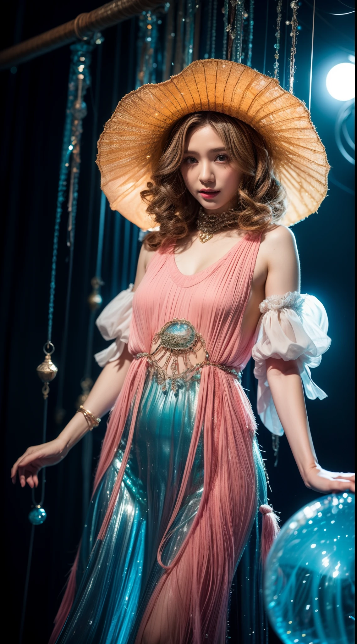 Jellyfish fashion, vibrant Jellyfish scene, Jellyfish style, nostalgic ambiance, energetic Jellyfish floor:0.2 image of a Jellyfish girl, immersed in the vibrant atmosphere of a fantasy case. His attire reflects the fashion trends of the era, soft patterns. The fantasy scene is alive, a fantasy floor, and fantasy around to the rhythm of the bate. The ambiance transports viewers back to the vibrant and energetic, capturing the spirit of fun, freedom, and self-expression that defined the Jellyfish culture, blonde curly hair, midshot, centered image, ultra detail, extremely face detail, extremely eye detail, a girl pale skin, small breasts, jellyfish outfit, half body, half body, half body, close up