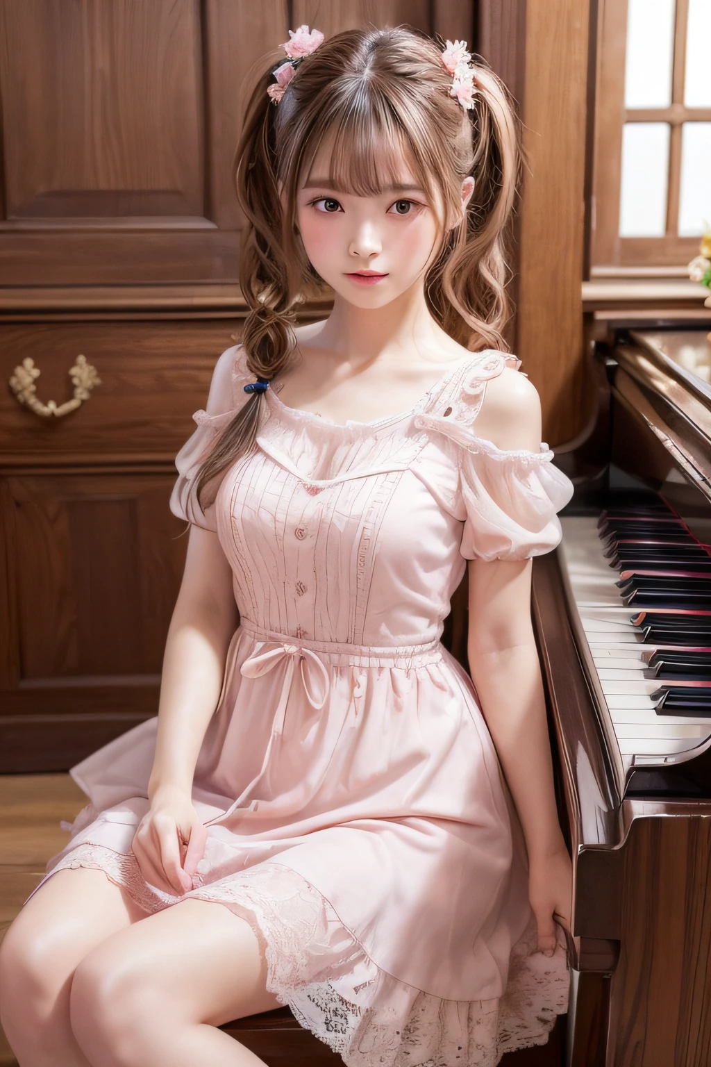 ((Top image quality、8K、masterpiece:1.3))、Realistic high-quality photos、top-quality、a five years girl、piano、poneyTail、Dress with light pink lace