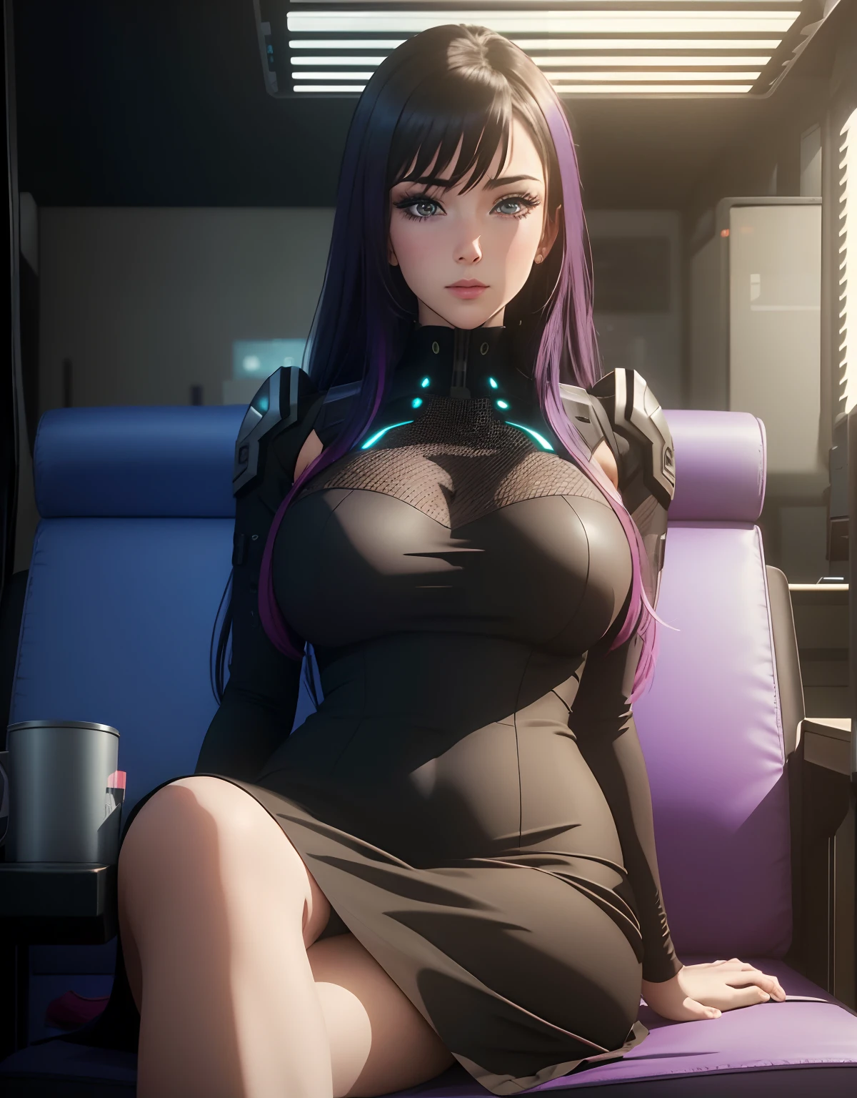 (best quality,4k,8k,highres,masterpiece:1.2),ultra-detailed,(realistic,photorealistic,photo-realistic:1.37),HDR,UHD,studio lighting,ultra-fine painting,sharp focus,physically-based rendering,extreme detail description,professional,vivid colors,bokeh,robot woman, detailed eyes, detailed lips, realistic body, seam lines, casual dress, sitting, empty expression, futuristic, cyberpunk, neon colors, moody lighting