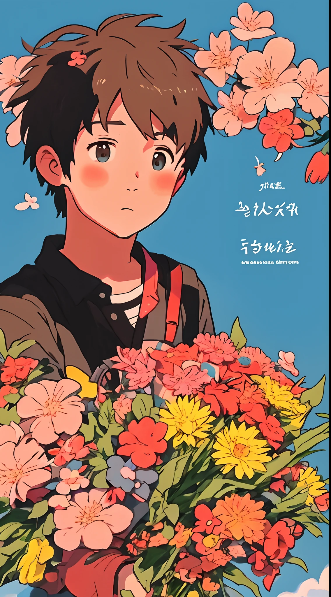Anime boy holding a bouquet of flowers、lovely art style、Laffy art style、Cute detailed digital art、animeaesthetic、Cute anime、High quality anime art style、Anime boy、Anime art style、cute detailed artwork、Soft anime illustration、lofi-girl、Loepfe's aesthetics、Lofi art、Lope、cute artwork、high-quality fan art、illustrated anime