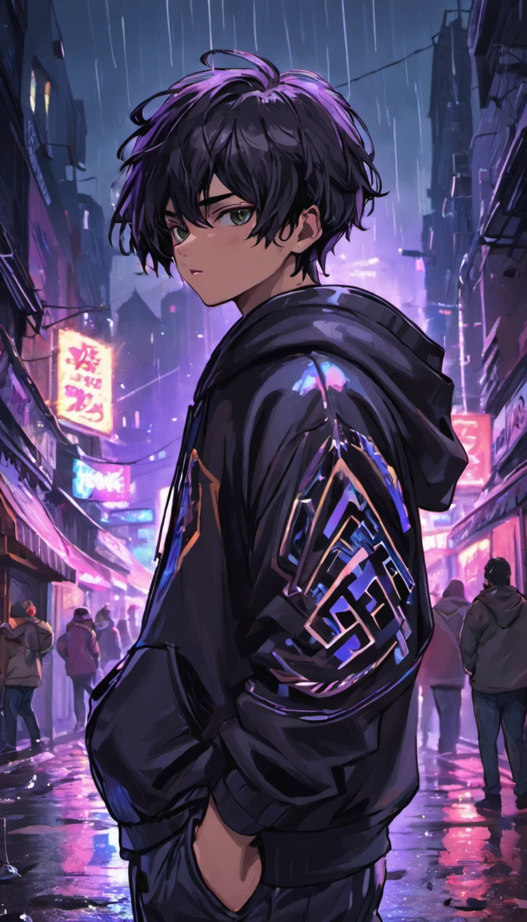 chill,lo-fi, (Best quality,8K,High-res,Masterpiece:1.2)，24 years of age，Young men，with short black hair，Hooded sweatshirt，Night, Cityscape,On the streets soaked with rain at night, Photorealistic, Cinematic lighting