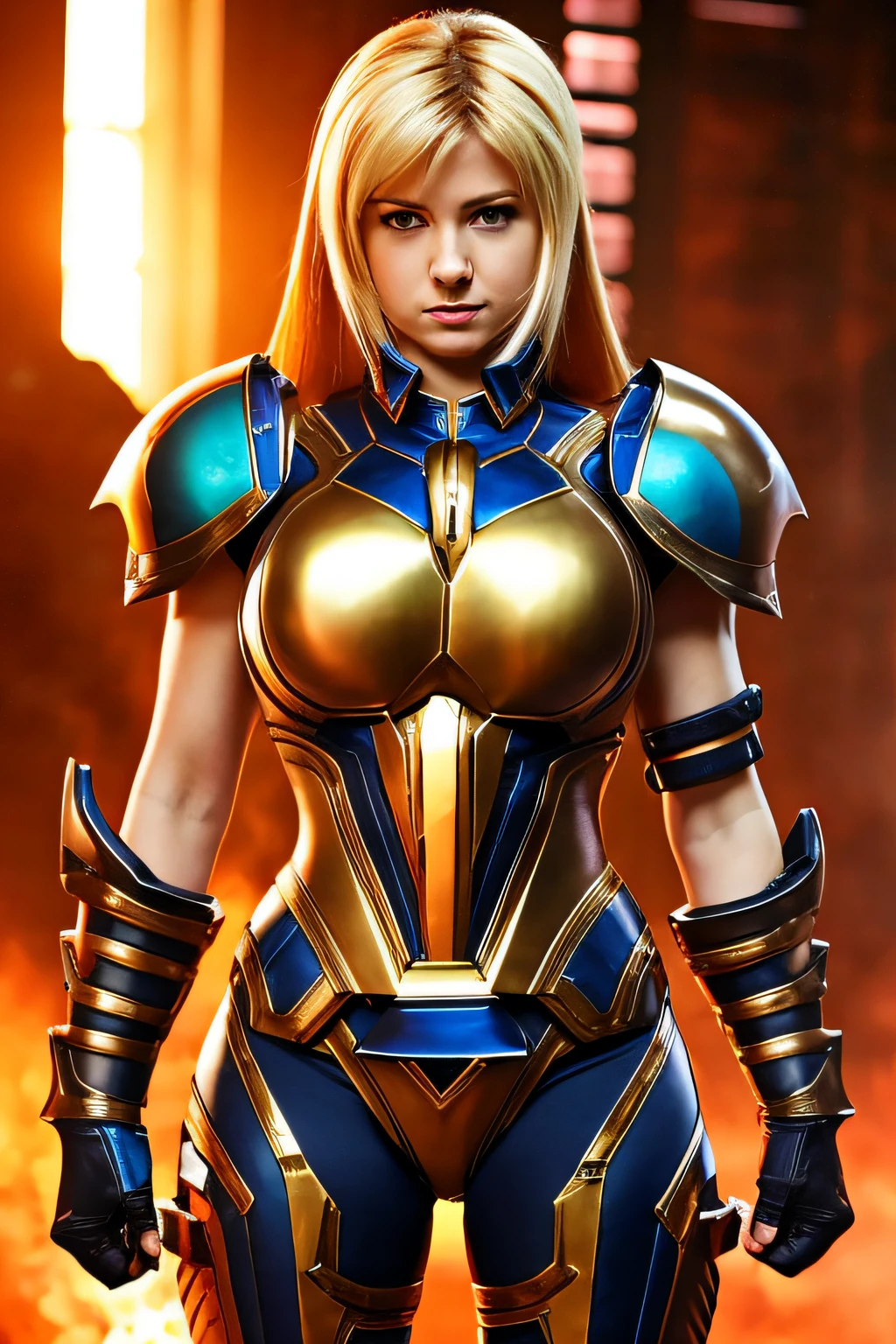 Samus in full battle armor except her massive breasts are visible. She has a very thick ass that is extremely round. onion booty! huge bust!