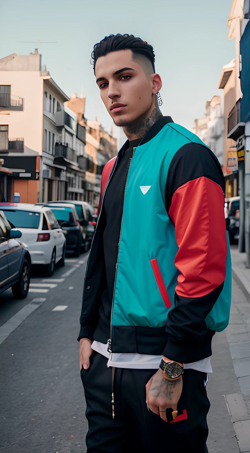 Hombre arafed en una chaqueta colorida de pie en una calle de la ciudad, Moda streetwear, streetwear, Teddy Fresh, outlive streetwear collection, Ropa de calle, model is wearing techtical vest, Chaqueta bomber de color verde, Foto de perfil, cazadora, Bloque de color, con una chaqueta bomber, Hypebeast, Tonos vibrantes, Bloqueo de color, Bloqueo de color, Cyberpunk Streetwear, Ropa de calle