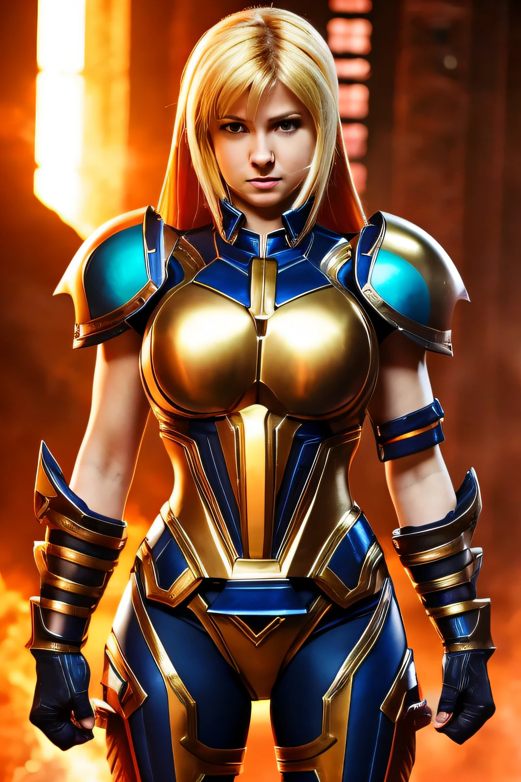 Samus in full battle armor except her massive breasts are visible. She has a very thick ass that is extremely round. onion booty! huge bust!
