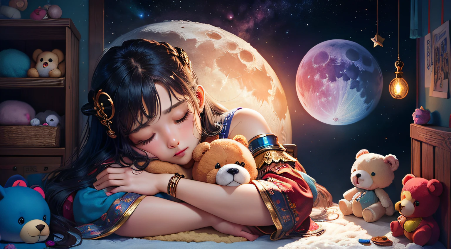 colorful、on badroom、kosmos、Big Moon、realistic、The girl is sleeping、Only one stuffed animal、超A high resolution