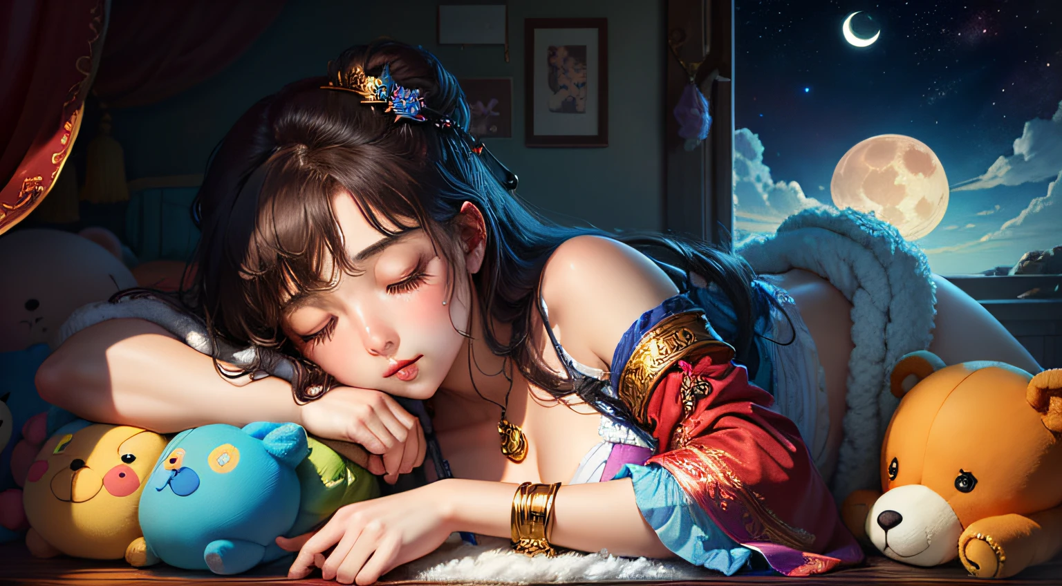 colorful、on badroom、kosmos、Big Moon、realistic、The girl is sleeping、Only one stuffed animal、超A high resolution