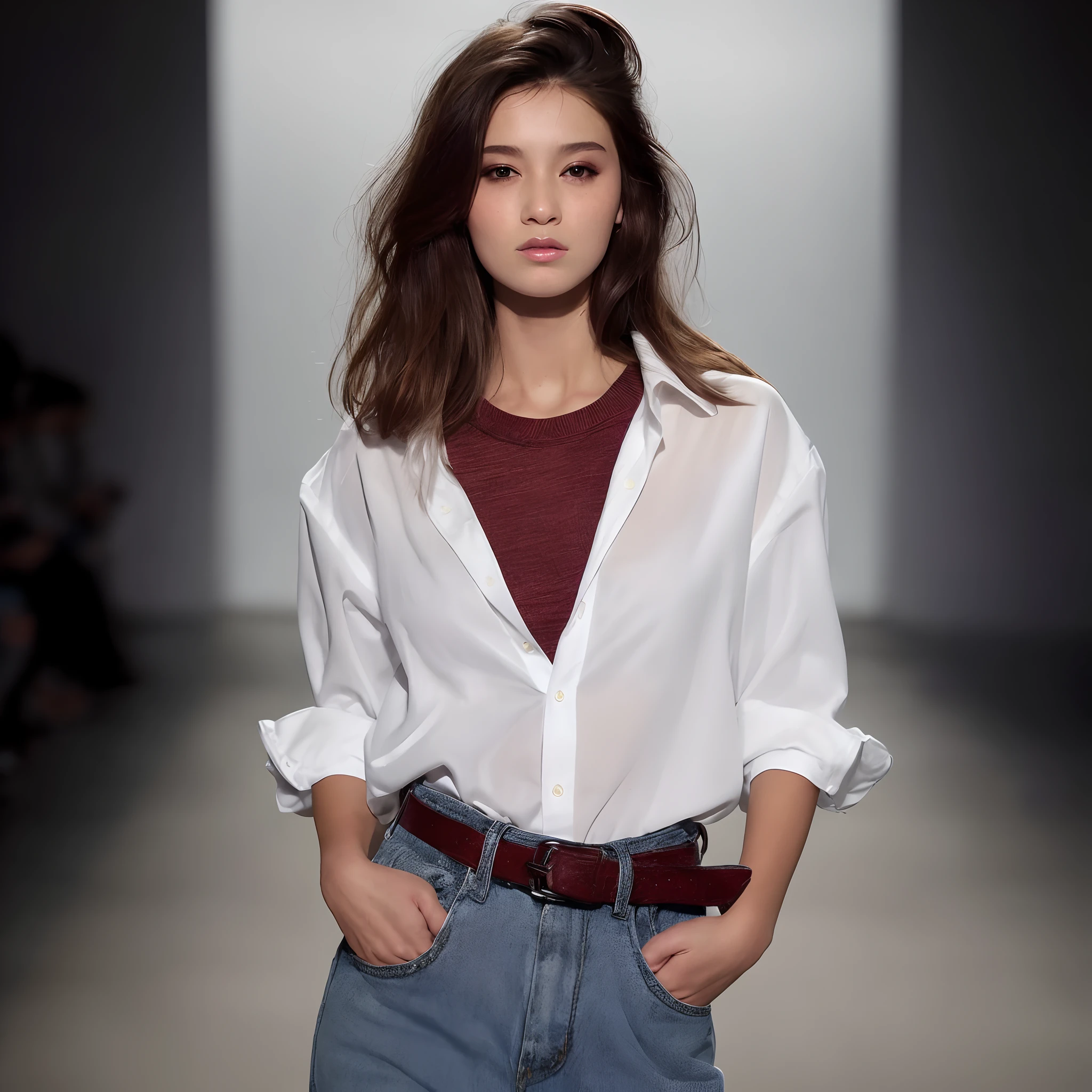 a girl in a white shirt and jeans on a runway, wearing a light shirt, wearing a shirt and a jean, wearing white shirt, wearing a blouse, wearing a white shirt, korean women's fashion model, white shirt and jeans, wearing a white button up shirt, wearing a white blouse, wearing in shirt, wearing a linen shirt, clothed in white shirt
