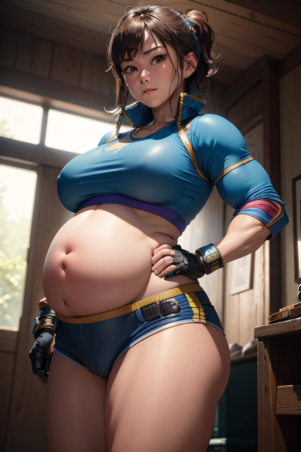 (masterpiece, best quality:1.2), cowboy shot, solo, 1girl, kazama asuka, muscular female, slight smile, looking at viewer, hand on hip, taut clothes, sports bra, crop top, shorts, (gloves:1.1), belt, elbow pads, midriff, fat, pregnant