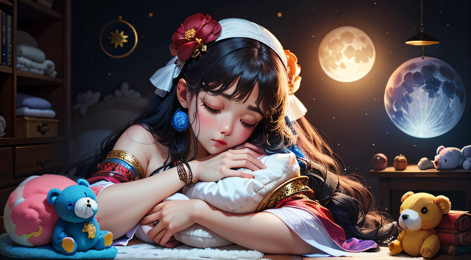 colorful、on badroom、kosmos、Big Moon、realistic、The girl is sleeping、Only one stuffed animal、超A high resolution