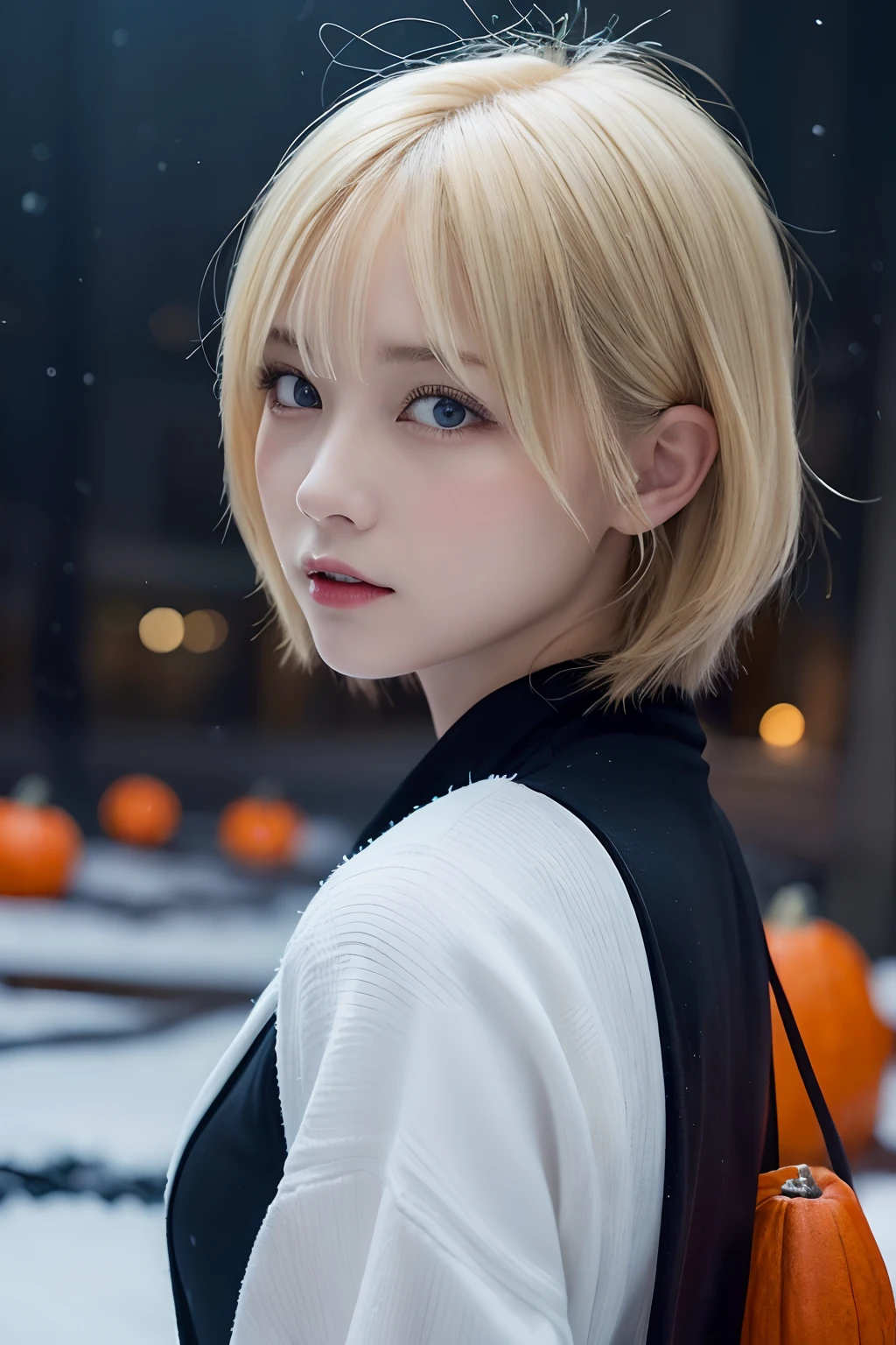 (Oil Painting, masutepiece, Best Quality, ultra-detailliert, Focus on character), short blonde hair, ([Back:0.8]|[ facing back:1.1]), Serious face,open open mouth,Wizard Cosplay、Halloween,pumpkins, ([Cold Scenario:1.2]|[ snowy background:1.3]| [High contrast:1.1])