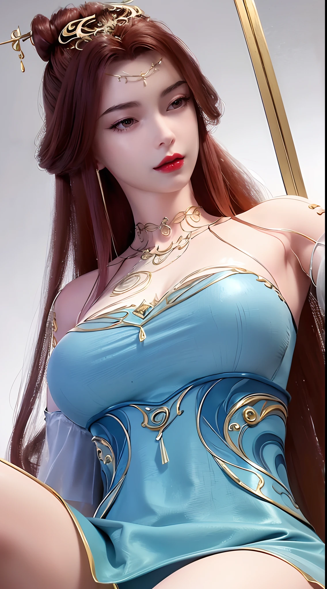 1 beautiful and sexy 20 year old girl, ((wear Blue antique nightgown is super invisible and sexy:1.6)), not wearing pants, sexy hanfu style, waist-length brown hair, jewelry elaborately made from precious stones and beautiful hair, ((wearing a 24k gold lace necklace:1.4)), the noble, noble style of an extremely beautiful girl, her small face is super cute, her face is very pretty, thin eyebrows, flawless beautiful face, ((black eye pupils: 0.8)), very beautiful eyes, ((brown eyes: 1.6)), (((big round eyes:1.6))), nice makeup and hair detailed eyelashes, steamy eye makeup, high nose, earrings, red lips, ((closed mouth: 1.5)) beautiful lips, slim hands, most beautiful thighs, ((arms spread out to the sides: 1.5)), rosy face, clean face, flawless beautiful face, smooth white skin, (big breasts: 1.5)), tight breasts, beautiful cleavage, (((big breasts and super round: 1.8))), beautiful breasts, perfect body, back arms, chest out, ((sitting position, leaning back with hands behind and chest raised high: 1.8)), ((Open your legs:1.5)), not ashamed, 8k photo, super high quality, super realistic, super 10x pixels, optical, bright studio, bright edges, dual-tone lighting, (high-detail skin:1.2), super 8k, soft lighting, high quality, volumetric lighting, photorealistic, photorealistic high resolution, lighting, best photo, 4k, 8k quality, smooth sharp, 10x pixel, ((Romantic bedroom and white bed background:1.5)), aurora, lightning, super graphics realistic, most realistic graphics, 1 girl, alone, solo, Extremely sharp image, surreal, (((upper body: 1.5)))."