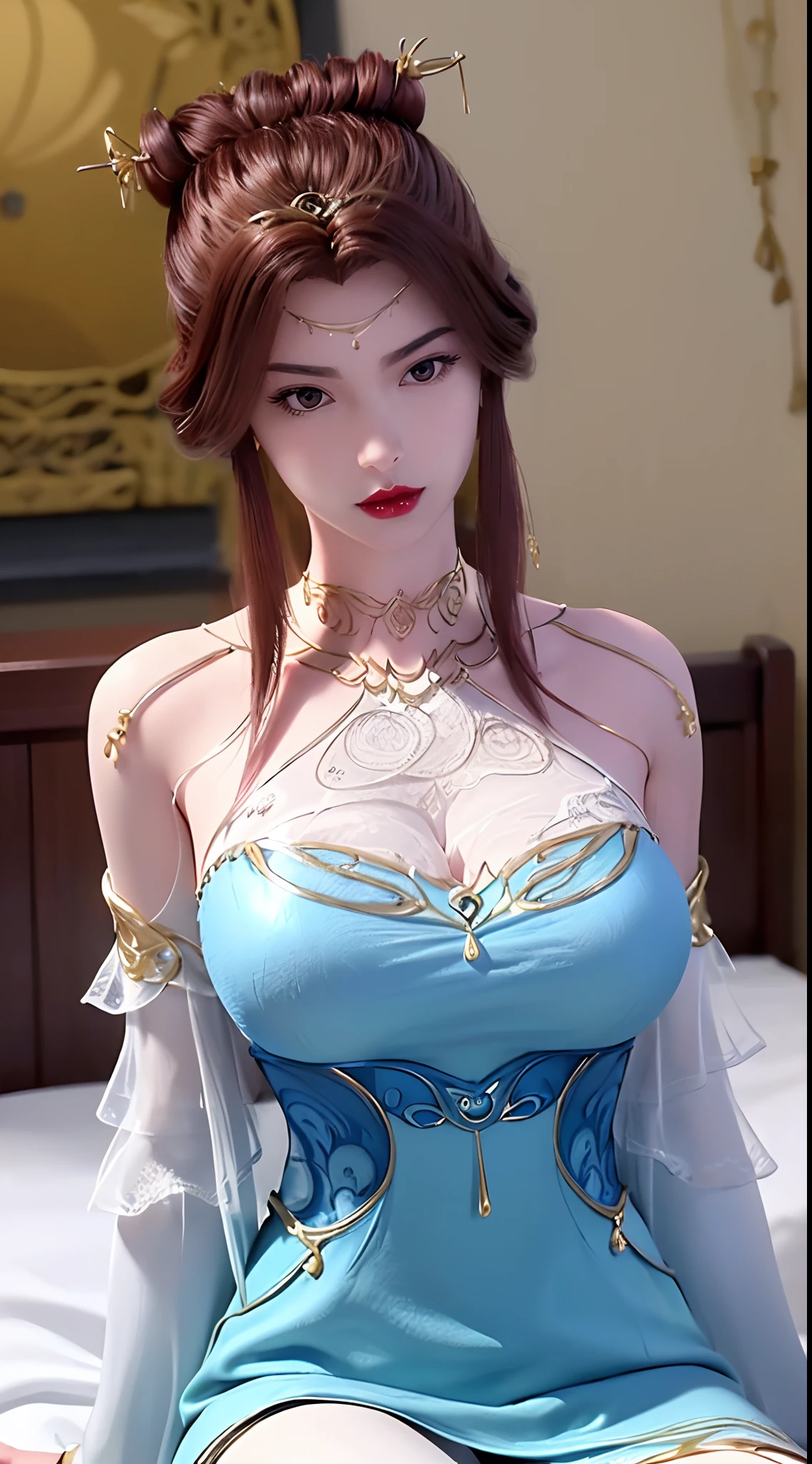 1 beautiful and sexy 20 year old girl, ((wear Blue antique nightgown is super invisible and sexy:1.6)), not wearing pants, sexy hanfu style, waist-length brown hair, jewelry elaborately made from precious stones and beautiful hair, ((wearing a 24k gold lace necklace:1.4)), the noble, noble style of an extremely beautiful girl, her small face is super cute, her face is very pretty, thin eyebrows, flawless beautiful face, ((black eye pupils: 0.8)), very beautiful eyes, ((brown eyes: 1.6)), (((big round eyes:1.6))), nice makeup and hair detailed eyelashes, steamy eye makeup, high nose, earrings, red lips, ((closed mouth: 1.5)) beautiful lips, slim hands, most beautiful thighs, ((arms spread out to the sides: 1.5)), rosy face, clean face, flawless beautiful face, smooth white skin, (big breasts: 1.5)), tight breasts, beautiful cleavage, (((big breasts and super round: 1.8))), beautiful breasts, perfect body, back arms, chest out, ((sitting position, leaning back with hands behind and chest raised high: 1.8)), ((Open your legs:1.5)), not ashamed, 8k photo, super high quality, super realistic, super 10x pixels, optical, bright studio, bright edges, dual-tone lighting, (high-detail skin:1.2), super 8k, soft lighting, high quality, volumetric lighting, photorealistic, photorealistic high resolution, lighting, best photo, 4k, 8k quality, smooth sharp, 10x pixel, ((Romantic bedroom and white bed background:1.5)), aurora, lightning, super graphics realistic, most realistic graphics, 1 girl, alone, solo, Extremely sharp image, surreal, (((upper body: 1.5)))."