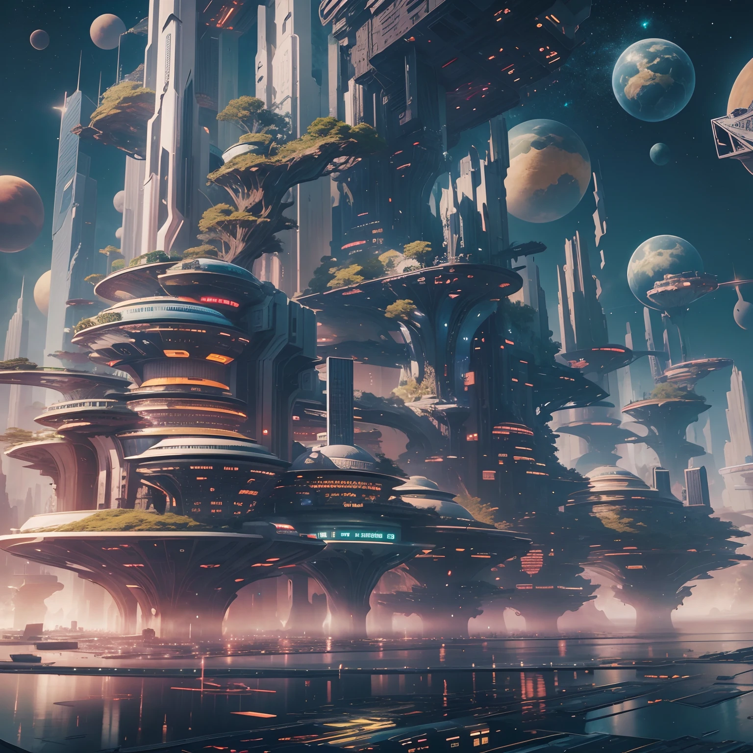 Space City、Futuristic cities、floating in the universe、cyberpunked、Skyscrapers line the streets、A space station、top-quality、masterpiece、24century、dream、utopian、planet earth、World of Dreams、Fantasia、𝓡𝓸𝓶𝓪𝓷𝓽𝓲𝓬、Beautiful city、Space City、A world far beyond human creation