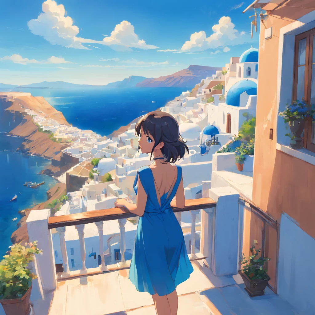 masutepiece, Best Quality,masterpiece, In Santorini, top-quality,Japan woman in blue dress standing on balcony overlooking blue and white building, blue silk dress, Fantasy panorama of Greece, Santorini, Greece, Blue Dress,