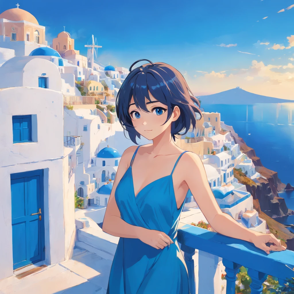 masutepiece, Best Quality,​masterpiece, In Santorini, top-quality,Japan woman in blue dress standing on balcony overlooking blue and white building, blue silk dress, Fantasy panorama of Greece, Santorini, Greece, Blue Dress,