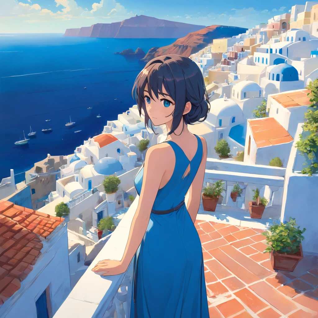 masutepiece, Best Quality,masterpiece, In Santorini, top-quality,Japan woman in blue dress standing on balcony overlooking blue and white building, blue silk dress, Fantasy panorama of Greece, Santorini, Greece, Blue Dress,