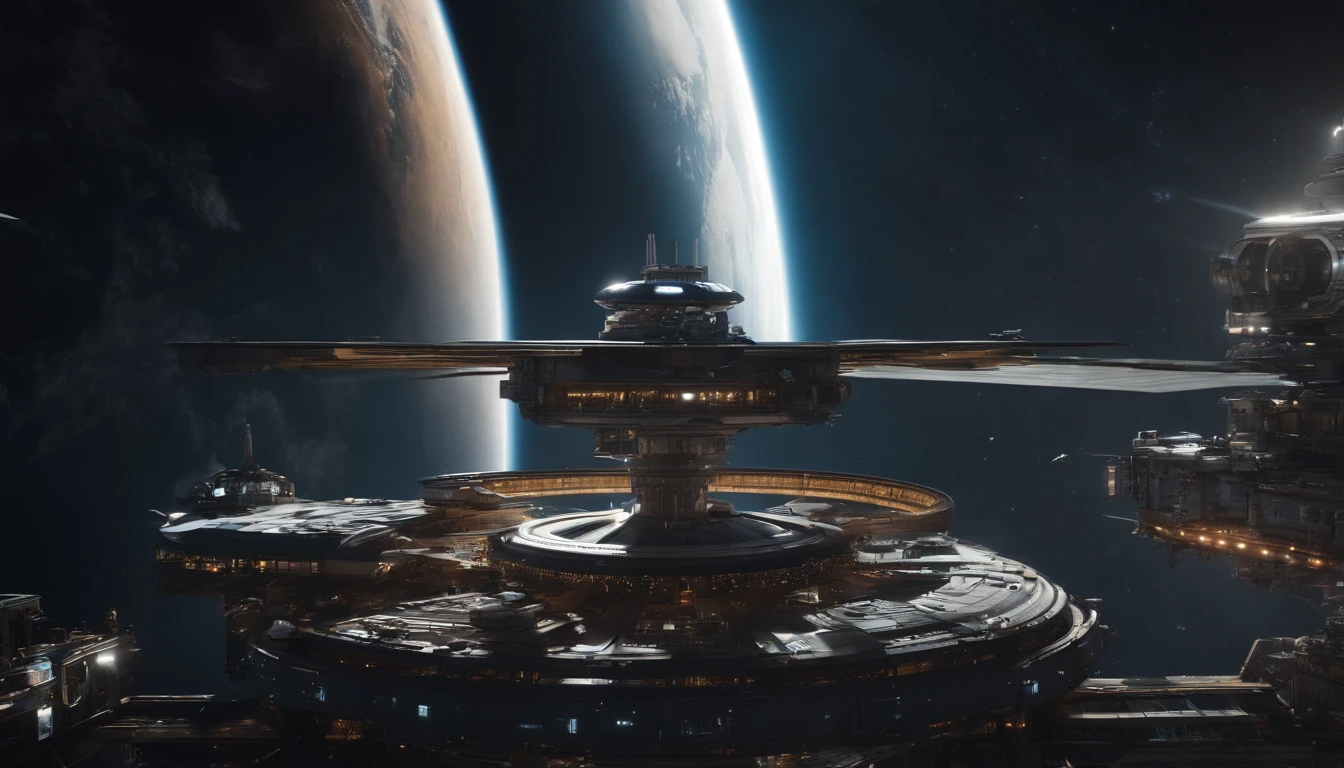 a picture、(Photorealsitic:1.4)、(hyper realisitic:1.4)、(Cinematic:1.5)、A space station、planet earth、