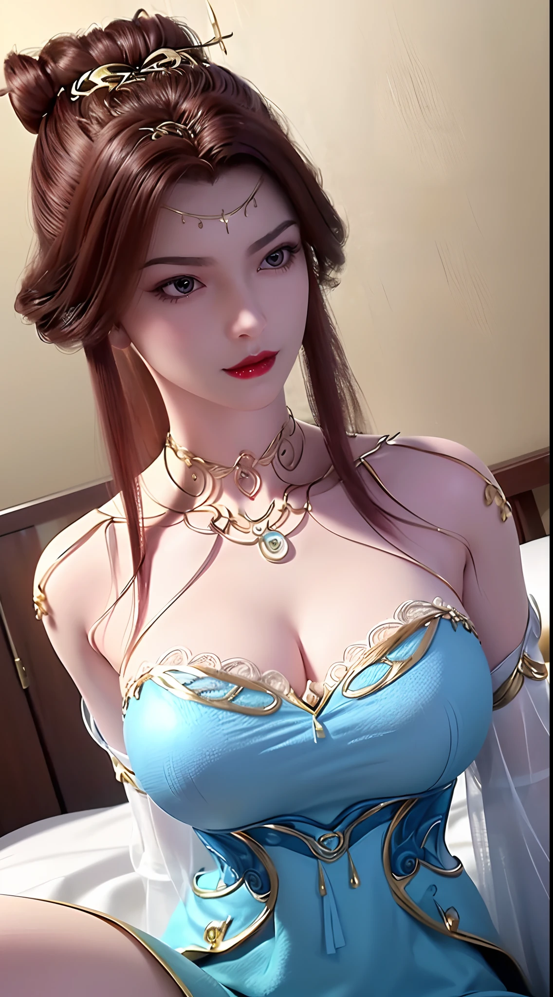 1 beautiful and sexy 20 year old girl, ((wear Blue antique nightgown is super invisible and sexy:1.6)), not wearing pants, sexy hanfu style, waist-length brown hair, jewelry elaborately made from precious stones and beautiful hair, ((wearing a 24k gold lace necklace:1.4)), the noble, noble style of an extremely beautiful girl, her small face is super cute, her face is very pretty, thin eyebrows, flawless beautiful face, ((black eye pupils: 0.8)), very beautiful eyes, ((brown eyes: 1.6)), (((big round eyes:1.6))), nice makeup and hair detailed eyelashes, steamy eye makeup, high nose, earrings, red lips, ((closed mouth: 1.5)) beautiful lips, slim hands, most beautiful thighs, ((arms spread out to the sides: 1.5)), rosy face, clean face, flawless beautiful face, smooth white skin, (big breasts: 1.5)), tight breasts, beautiful cleavage, (((big breasts and super round: 1.8))), beautiful breasts, perfect body, back arms, chest out, ((sitting position, leaning back with hands behind and chest raised high: 1.8)), ((Open your legs:1.5)), not ashamed, 8k photo, super high quality, super realistic, super 10x pixels, optical, bright studio, bright edges, dual-tone lighting, (high-detail skin:1.2), super 8k, soft lighting, high quality, volumetric lighting, photorealistic, photorealistic high resolution, lighting, best photo, 4k, 8k quality, smooth sharp, 10x pixel, ((Romantic bedroom and white bed background:1.5)), aurora, lightning, super graphics realistic, most realistic graphics, 1 girl, alone, solo, Extremely sharp image, surreal, (((upper body: 1.5)))."
