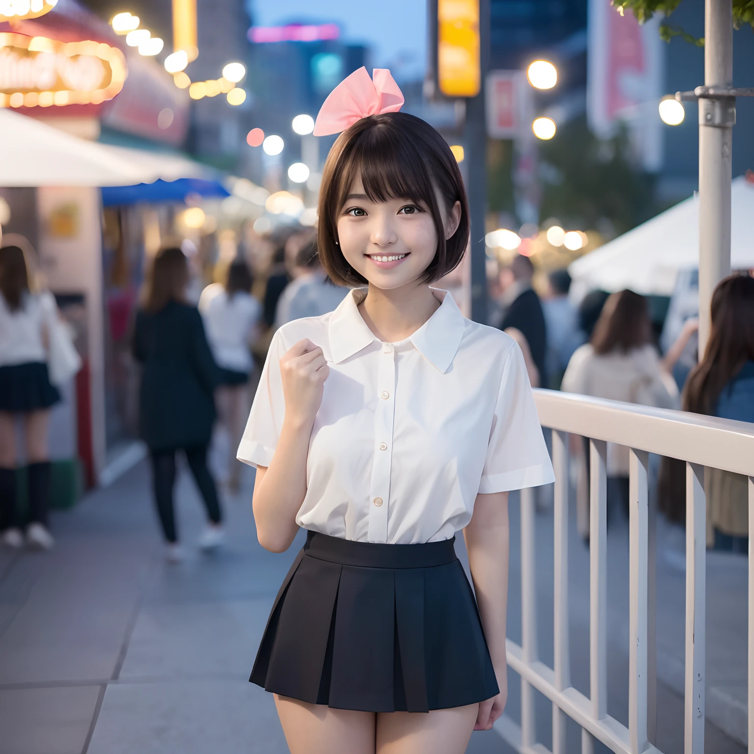 girl、Happy smile、realisitic、Live action、hightquality、1人の女性、Standing、(8K、Raw photography、top-quality、masterpiece:1.2)、(realisitic、Photorealsitic:1.37)、ultra-detailliert、
1 girl in、cute little、独奏、Beautiful detailed sky、Detailed Cafe、natta、Standing、date、(blush of the nose)、(A smile:1.1)、(Mouth closed)、tiny chest、seducting smile、Night amusement park、merry-go-round、profetional lighting、Sony A7R4、Zessie 50mm f1.8、
medium breasts、Beautiful Detail Eye、(shirt with collar:1.1)、a bow tie、pleatedskirt、(short-hair:1.2)、Floating hair、Happy smile、Happy smile、17 year old