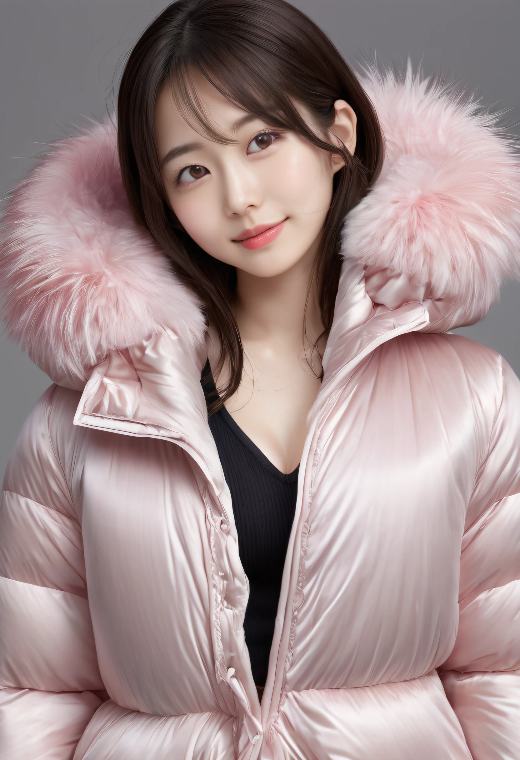 Japanese woman, pale skin, bright lipstick , wearing a( very tight and short) ((silk)) puffer coat, photorealistic, masterpiece, fur hood, cleavage, open coat, sexy, cute, blushing, large breasts, silk bra, smile, Zettai ryōiki, boots, thighs