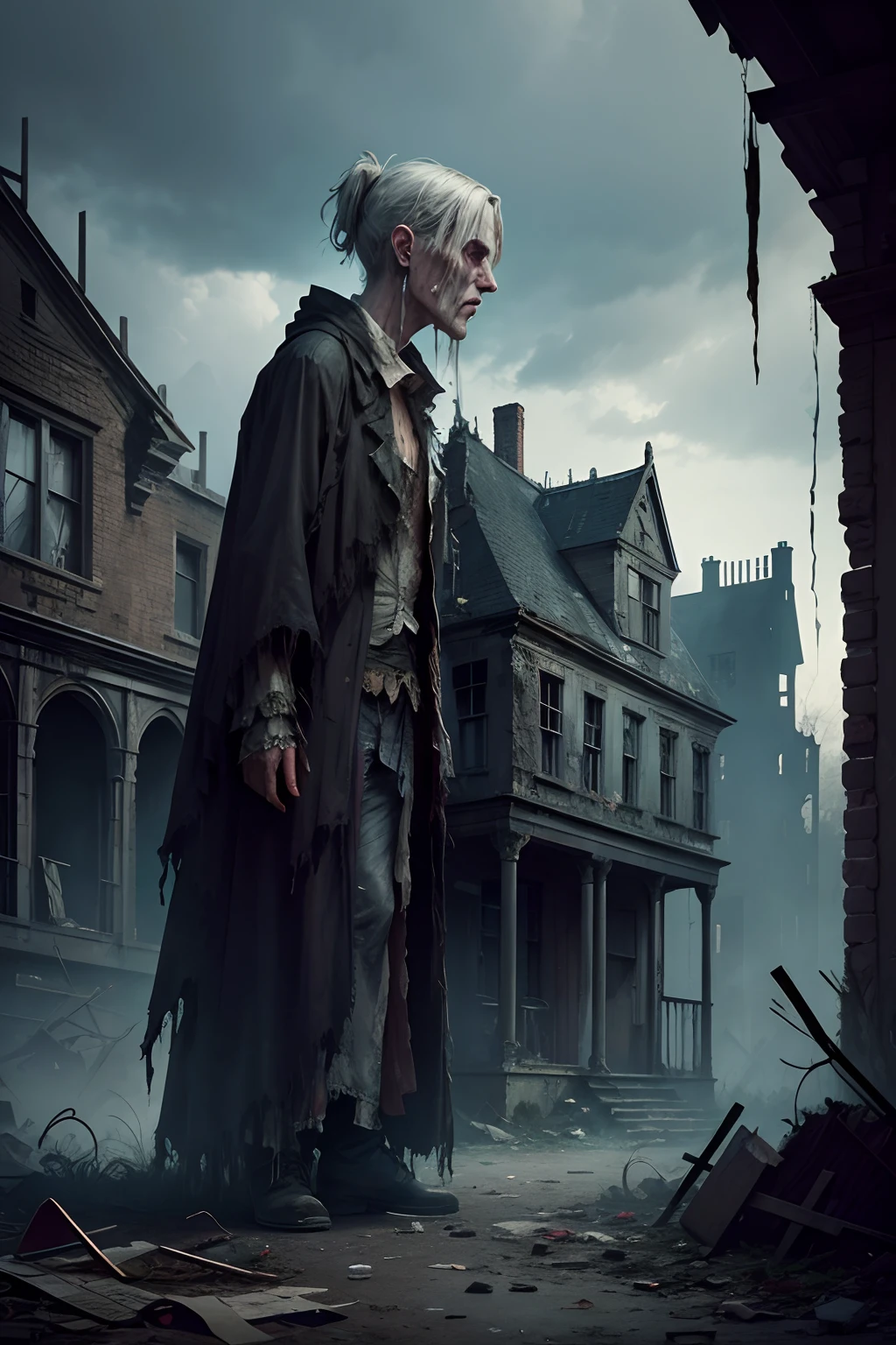 Illustrate a scene where a haunted phantom, clad in tattered garments, appears as a ghostly apparition in a decrepit mansion, emphasizing its forlorn and haunting presence amidst the decay, Tattered Garments, Ghostly Apparition, Decrepit Mansion, Forlorn Presence, Decay, Gothic Illustration,Digital Art.