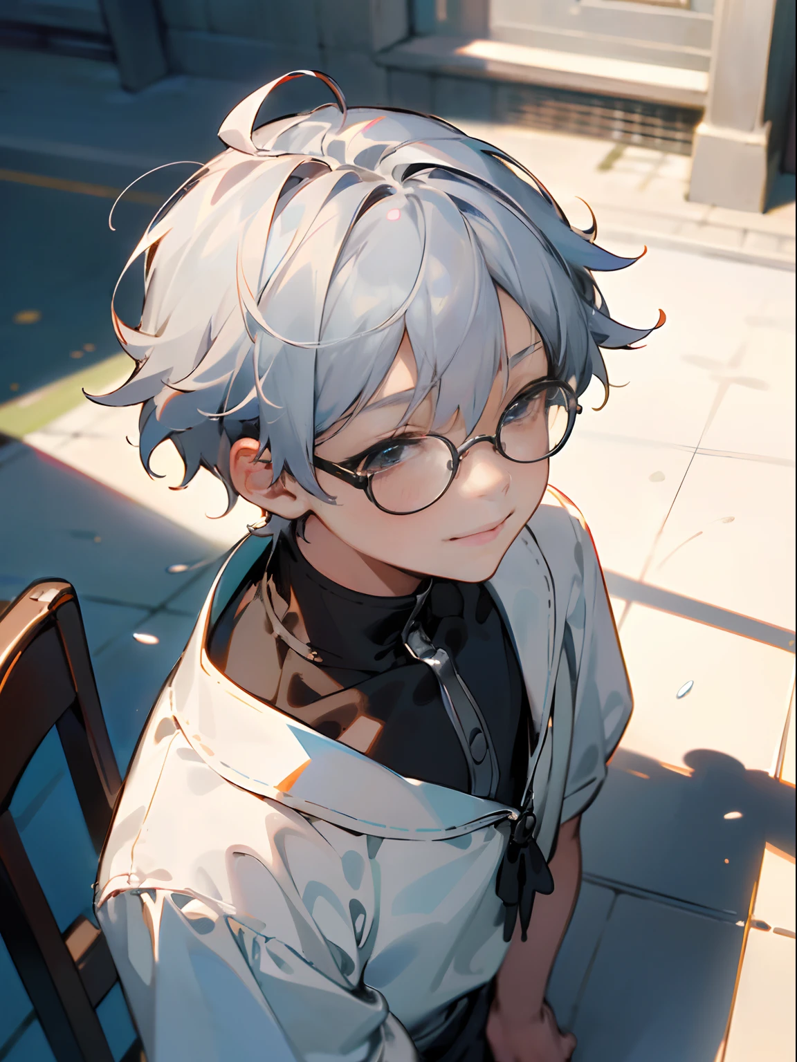 (Male , eye glasses,A smile, silber hair，look up to),(((​masterpiece)))、(((top-quality)))、((ultra-definition))、(High Definition CG Illustration)、((extremely delicate and beautiful)),Street，Will，Sateen