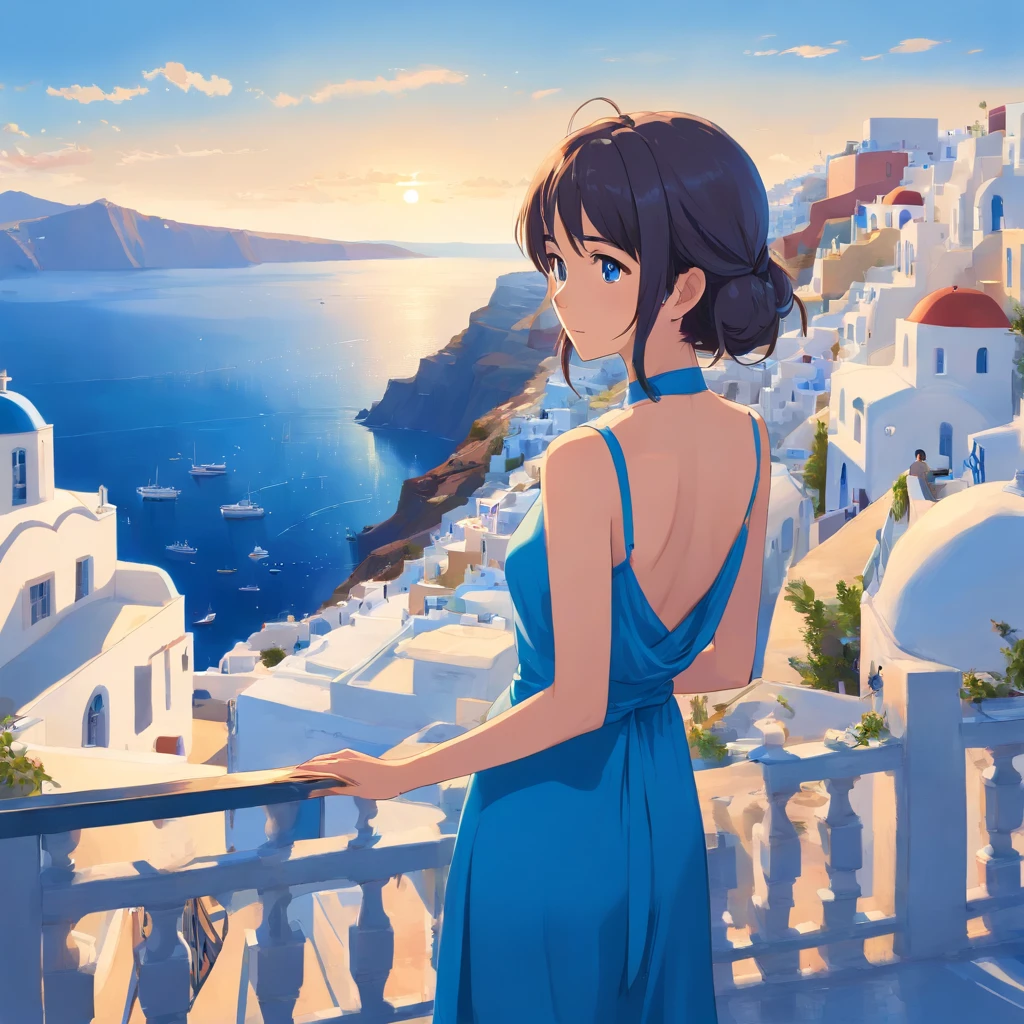 masutepiece, Best Quality,​masterpiece, In Santorini, top-quality,Japan woman in blue dress standing on balcony overlooking blue and white building,Work on a laptop, blue silk dress, Fantasy panorama of Greece, Santorini, Greece, Blue Dress,