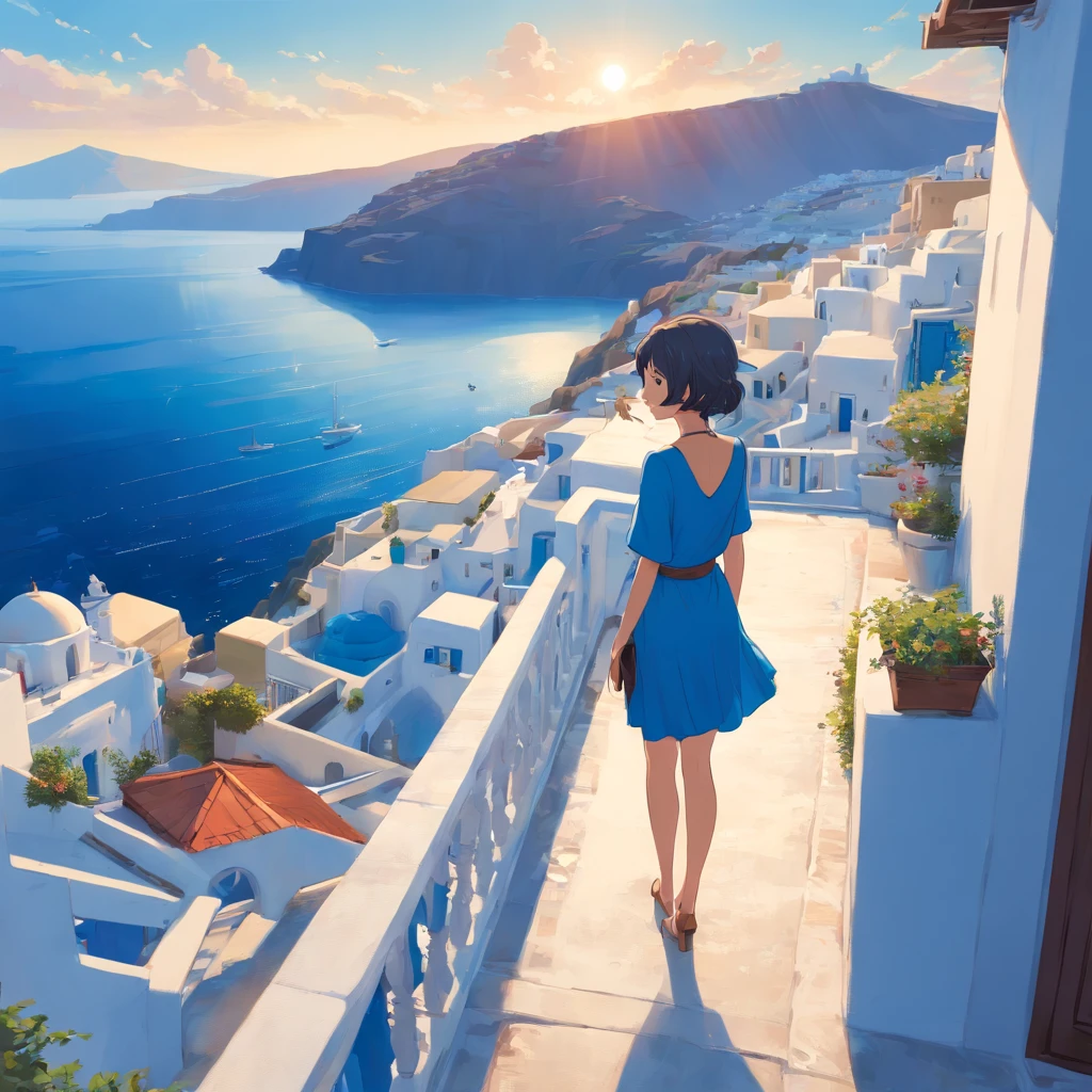 masutepiece, Best Quality,​masterpiece, In Santorini, top-quality,Japan woman in blue dress standing on balcony overlooking blue and white building,Work on a laptop, blue silk dress, Fantasy panorama of Greece, Santorini, Greece, Blue Dress,