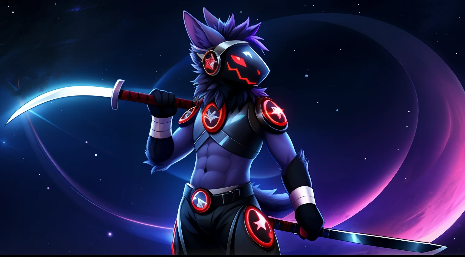 Protogen, pelaje negro y ojos rojos, pelaje suave, cuerpo detallado, pose de pelea,sosteniendo una espada con una mano ,cielo oscuro, estrellas, luna llena, anochecer