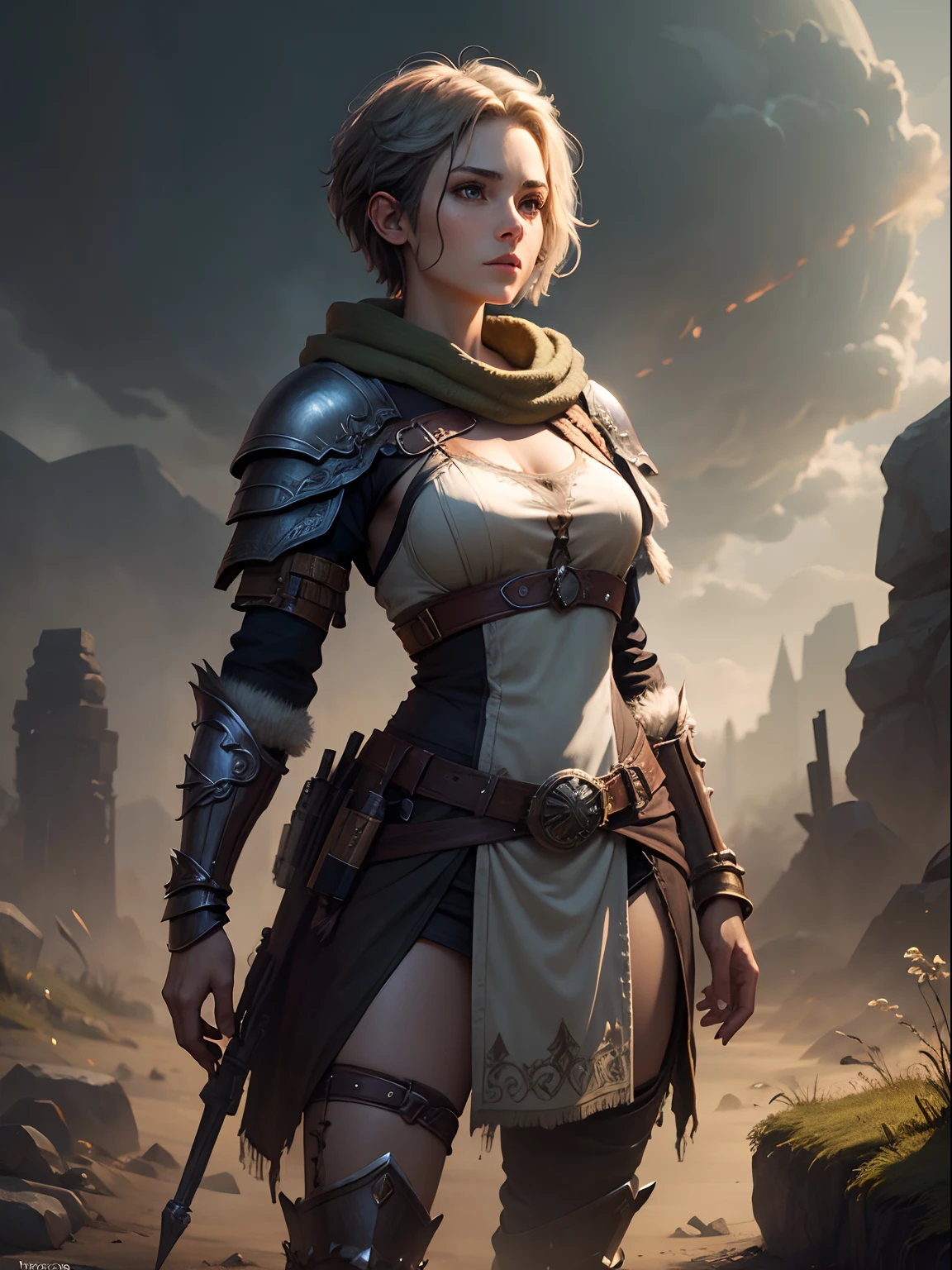 High resolution Female druid, herbalist, wearing armor, apocalypse, short hair