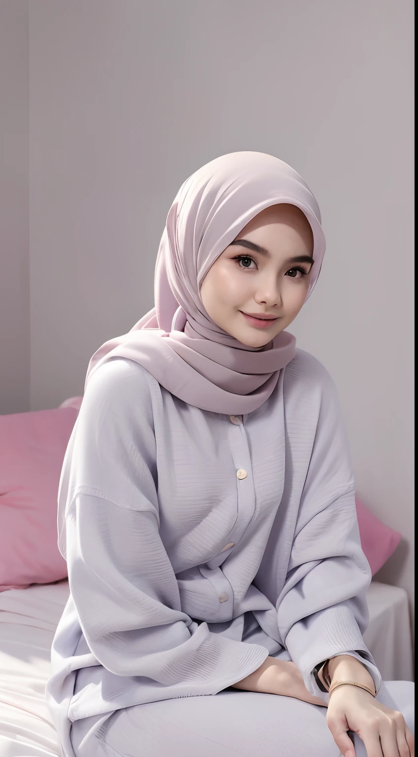 Young malay 20 years old wearing hijab, blue pastel color hijab, naked, nighttime, front view, small tits, small sagging breast, small chest, slim, slim abs, small waist, big hips,thick thighs, bright lighting, white lighting, detail skin texture, wrinkles, mole below eyes, bokeh, ((sitting on bed)),sexy petite body, exposed breast, wearing detailed hijab, realistic skin, seductive pose, seducing, bend over on bed, saggy breast, sagging small breast, looking viewers, soft focus face, magazine cover,