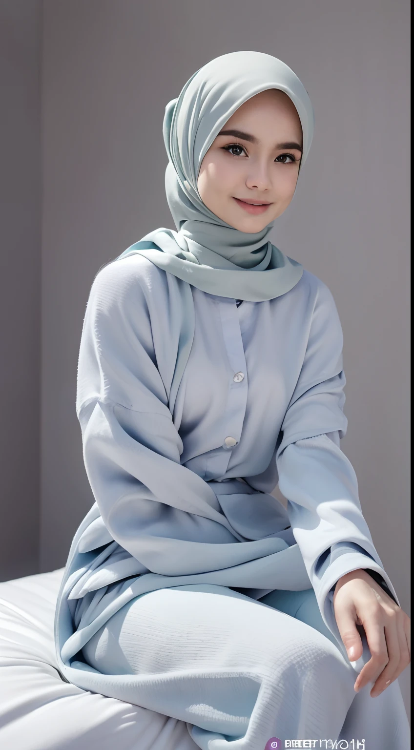 Young malay 20 years old wearing hijab, blue pastel color hijab, naked, nighttime, front view, small tits, small sagging breast, small chest, slim, slim abs, small waist, big hips,thick thighs, bright lighting, white lighting, detail skin texture, wrinkles, mole below eyes, bokeh, ((sitting on bed)),sexy petite body, exposed breast, wearing detailed hijab, realistic skin, seductive pose, seducing, bend over on bed, saggy breast, sagging small breast, looking viewers, soft focus face, magazine cover,